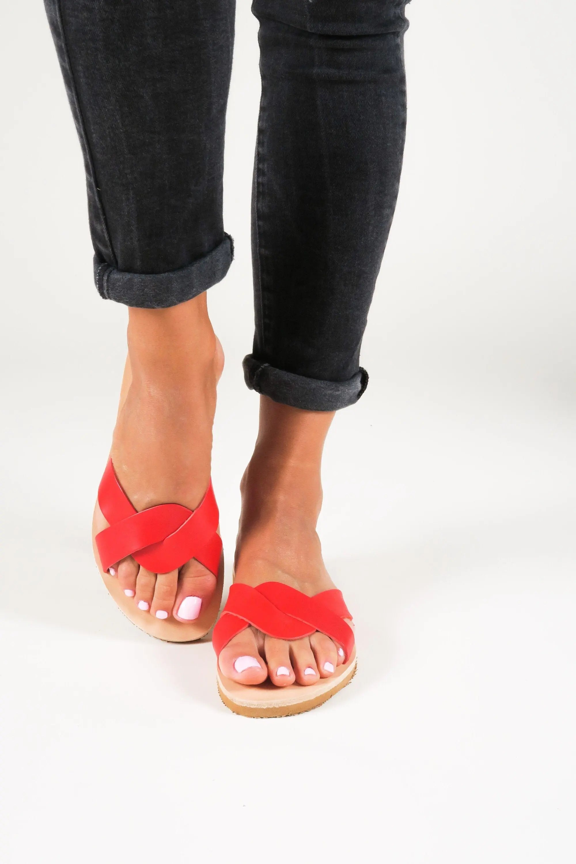 Greek Women Sandals Red Leather Sandals Flat Summer Shoes, Sandales en cuir, Leder Sandalen Damen CYNTHIA