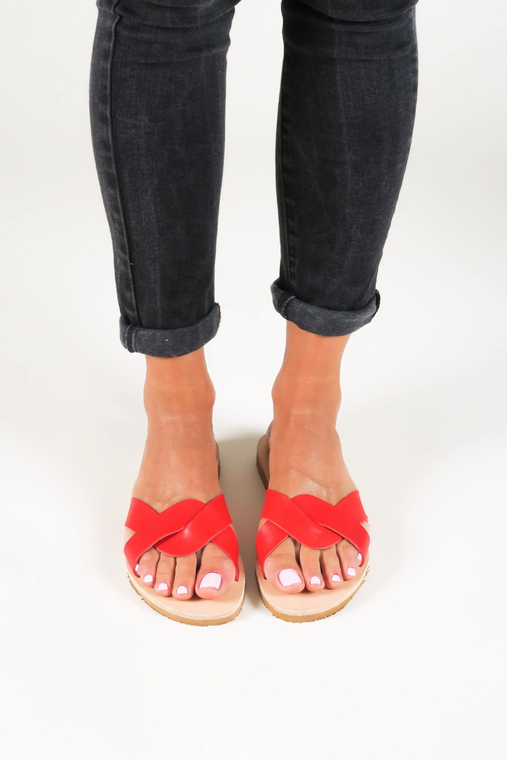 Greek Women Sandals Red Leather Sandals Flat Summer Shoes, Sandales en cuir, Leder Sandalen Damen CYNTHIA