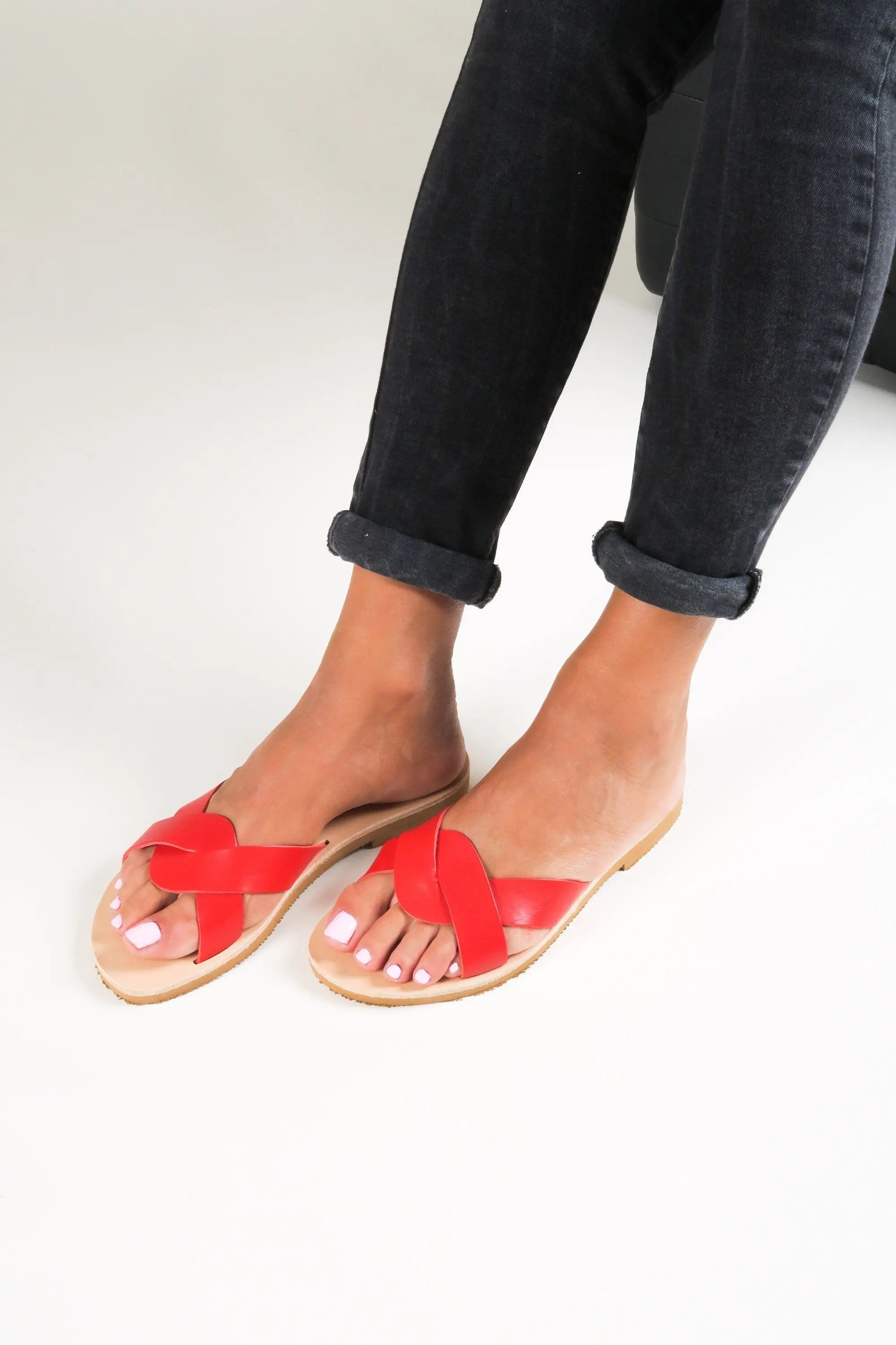 Greek Women Sandals Red Leather Sandals Flat Summer Shoes, Sandales en cuir, Leder Sandalen Damen CYNTHIA