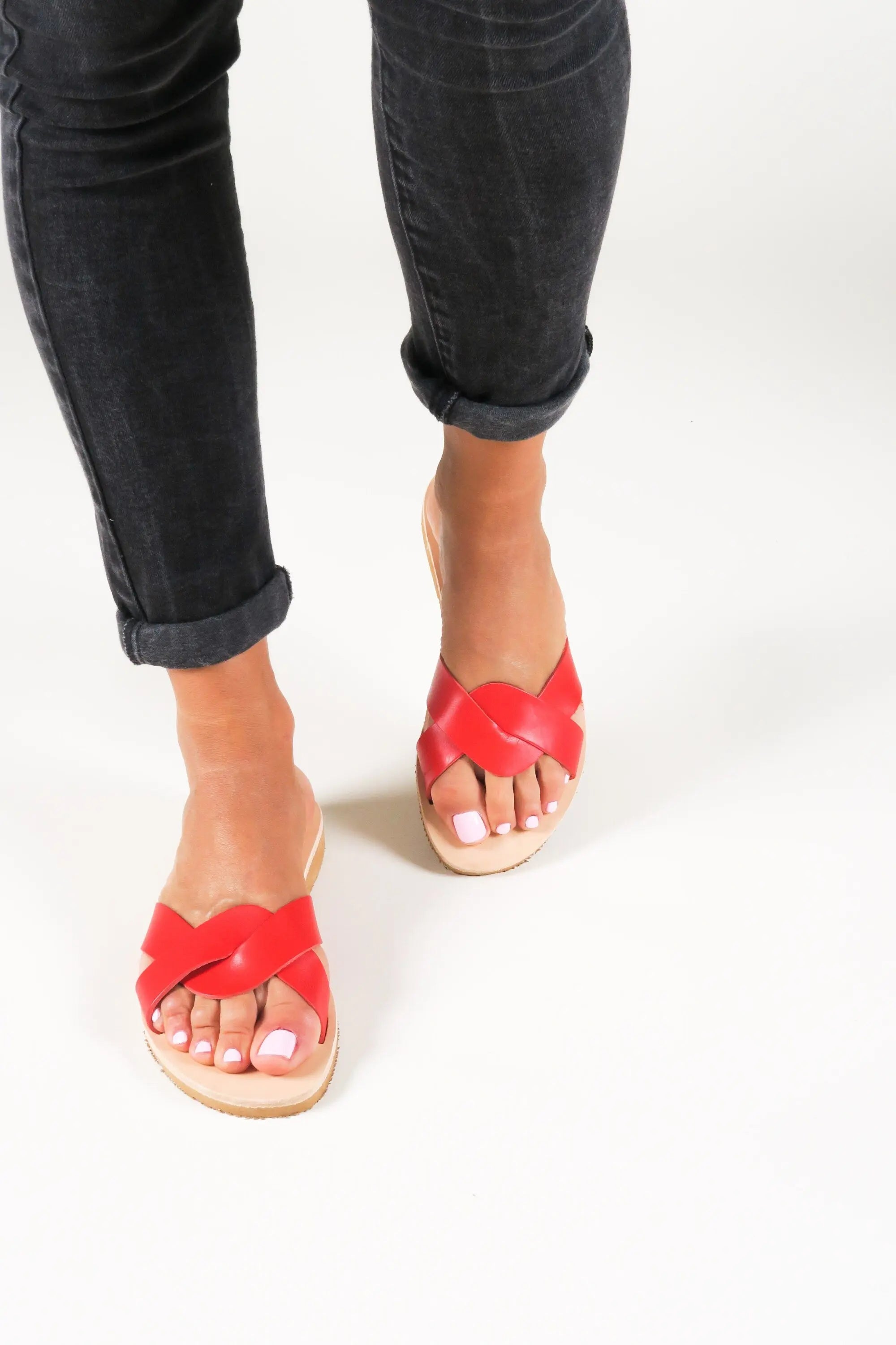 Greek Women Sandals Red Leather Sandals Flat Summer Shoes, Sandales en cuir, Leder Sandalen Damen CYNTHIA
