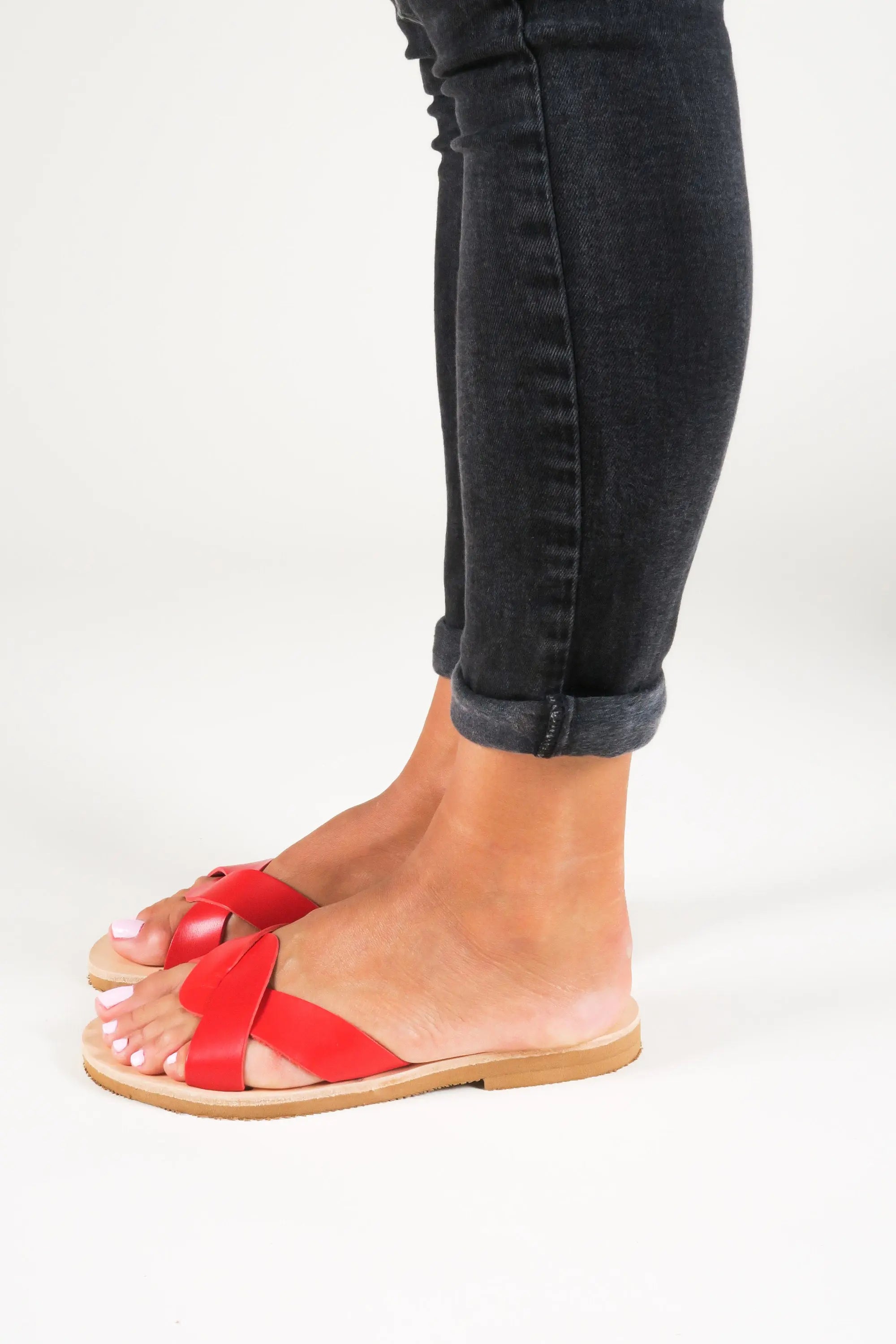 Greek Women Sandals Red Leather Sandals Flat Summer Shoes, Sandales en cuir, Leder Sandalen Damen CYNTHIA