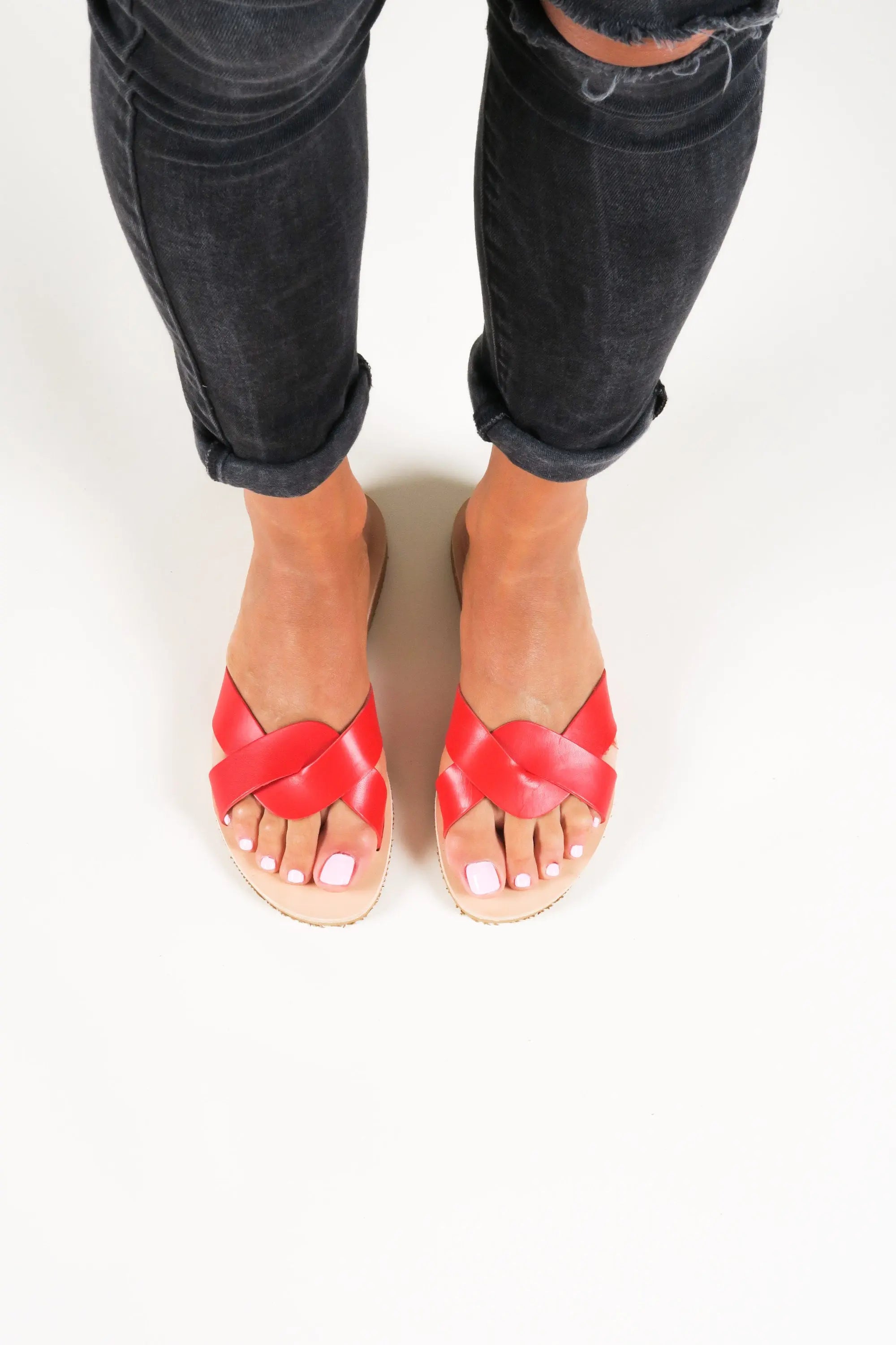 Greek Women Sandals Red Leather Sandals Flat Summer Shoes, Sandales en cuir, Leder Sandalen Damen CYNTHIA