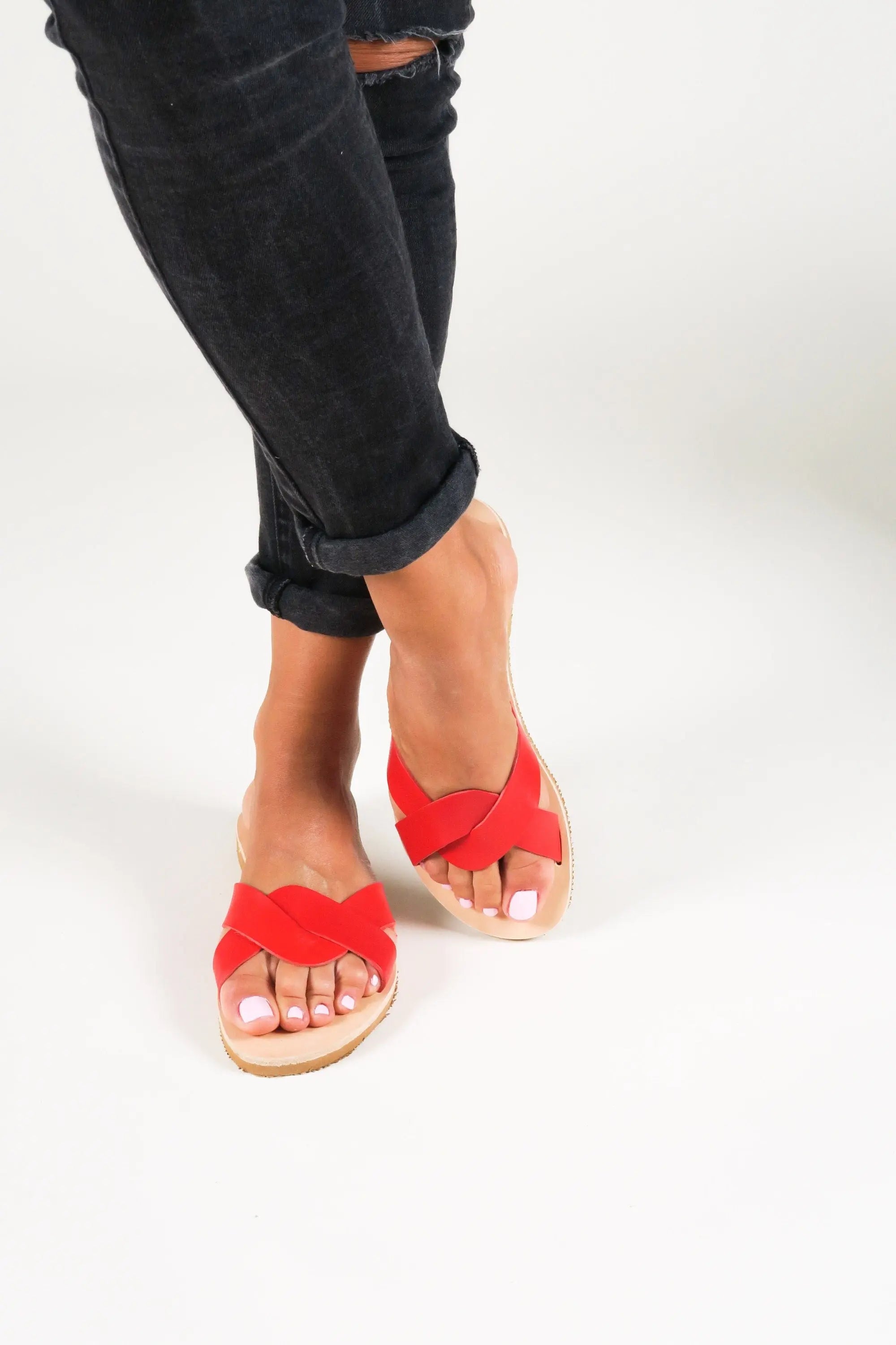 Greek Women Sandals Red Leather Sandals Flat Summer Shoes, Sandales en cuir, Leder Sandalen Damen CYNTHIA