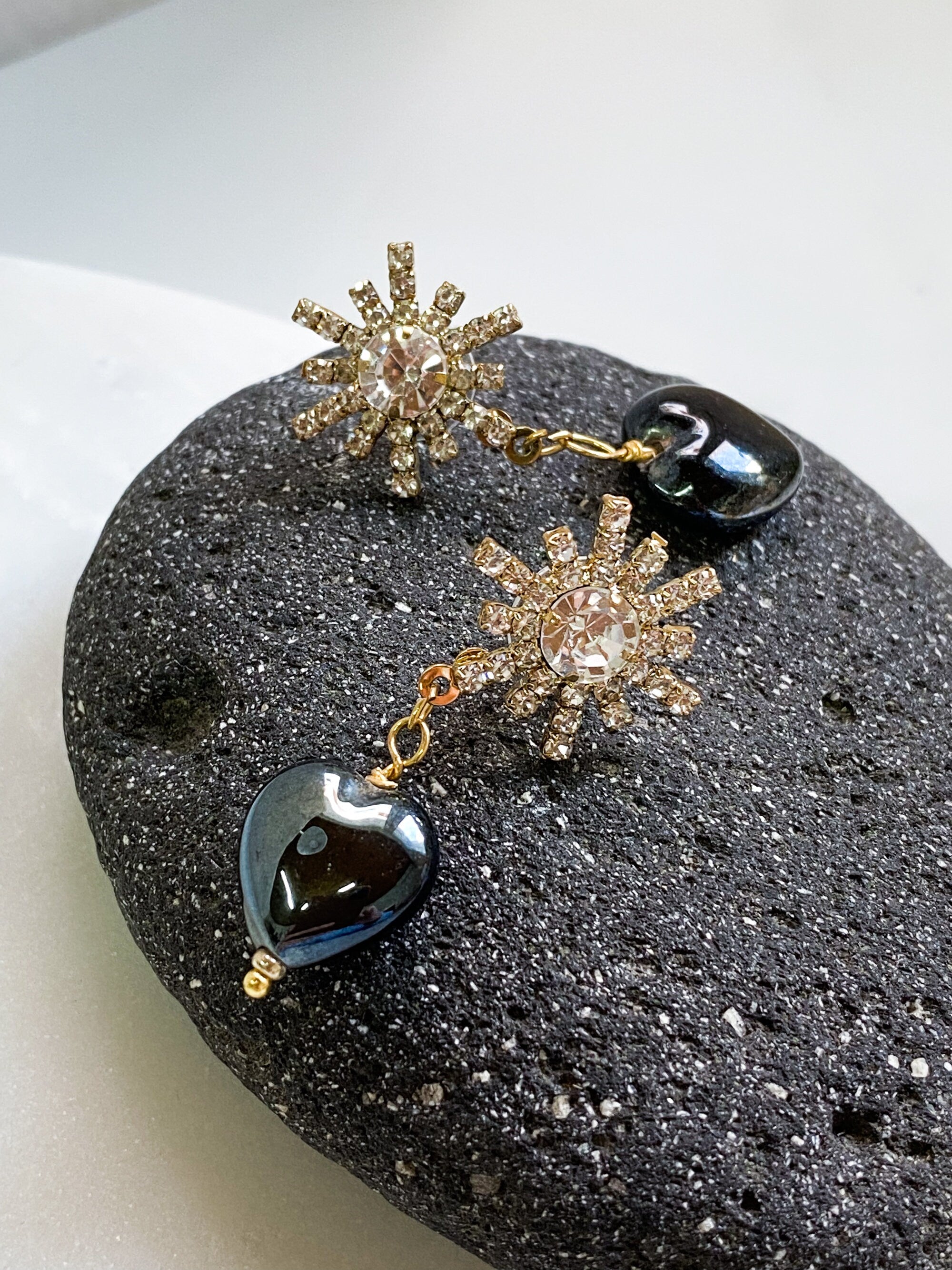 Crystal Black Heart Earrings Y2K Heart Earrings Big Heart Earrings Chunky Star Earrings Vintage style Saint Valentines Gift for Her