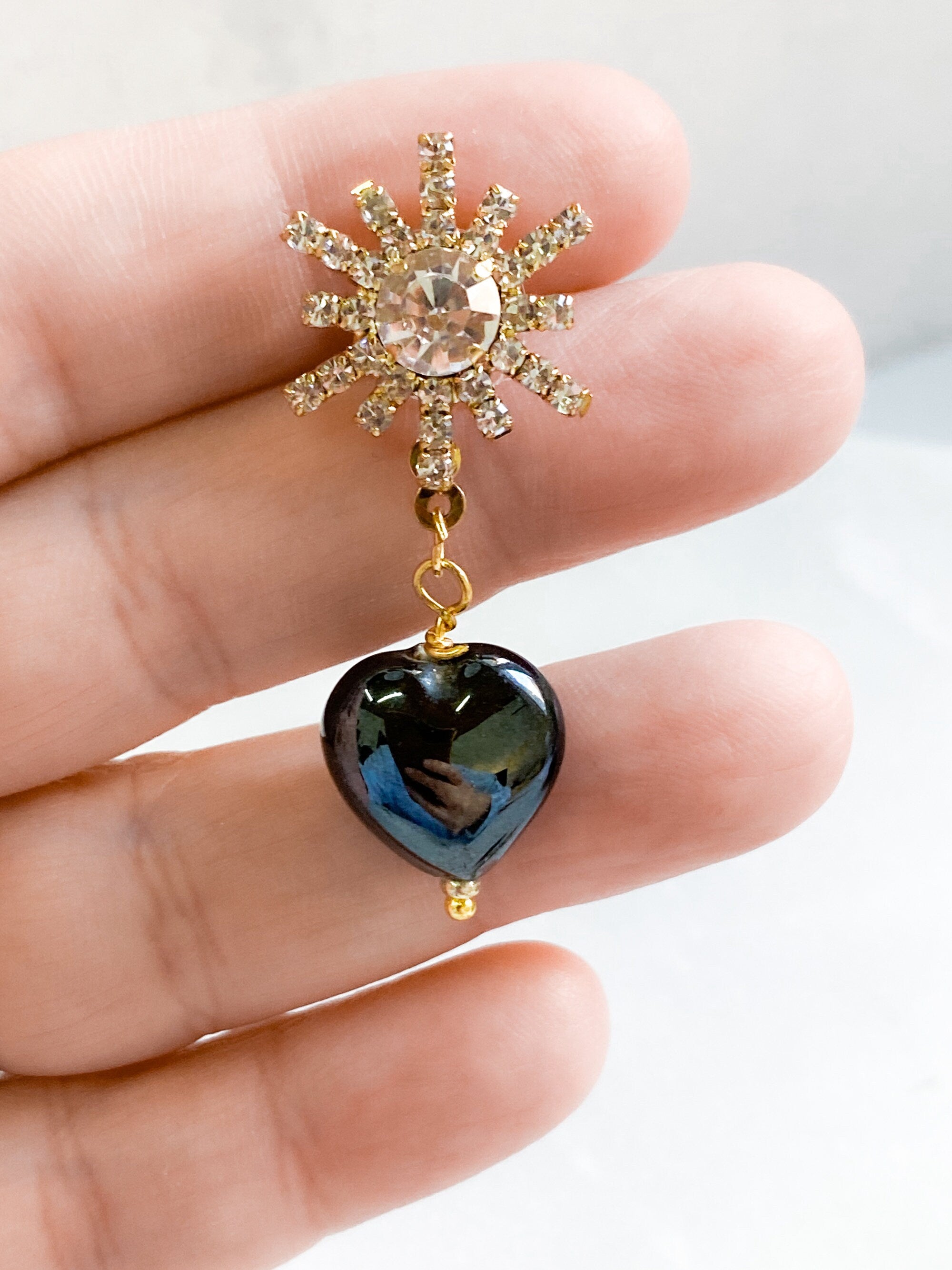 Crystal Black Heart Earrings Y2K Heart Earrings Big Heart Earrings Chunky Star Earrings Vintage style Saint Valentines Gift for Her