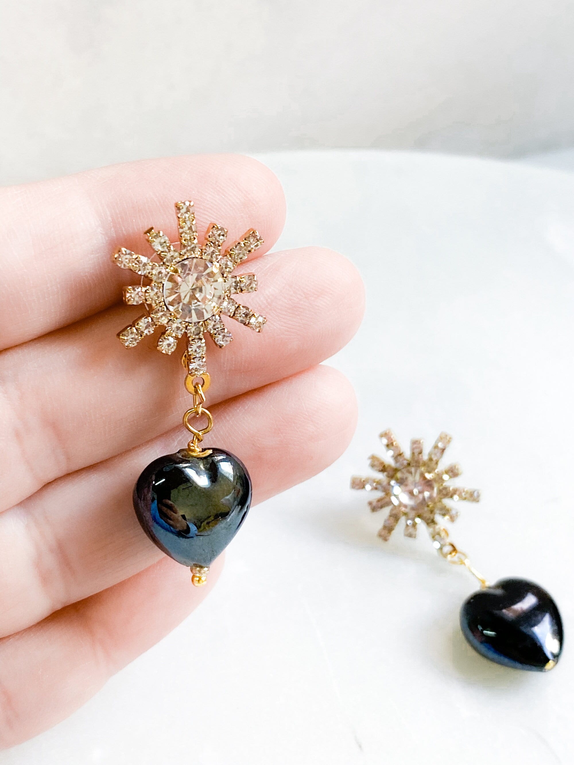 Crystal Black Heart Earrings Y2K Heart Earrings Big Heart Earrings Chunky Star Earrings Vintage style Saint Valentines Gift for Her