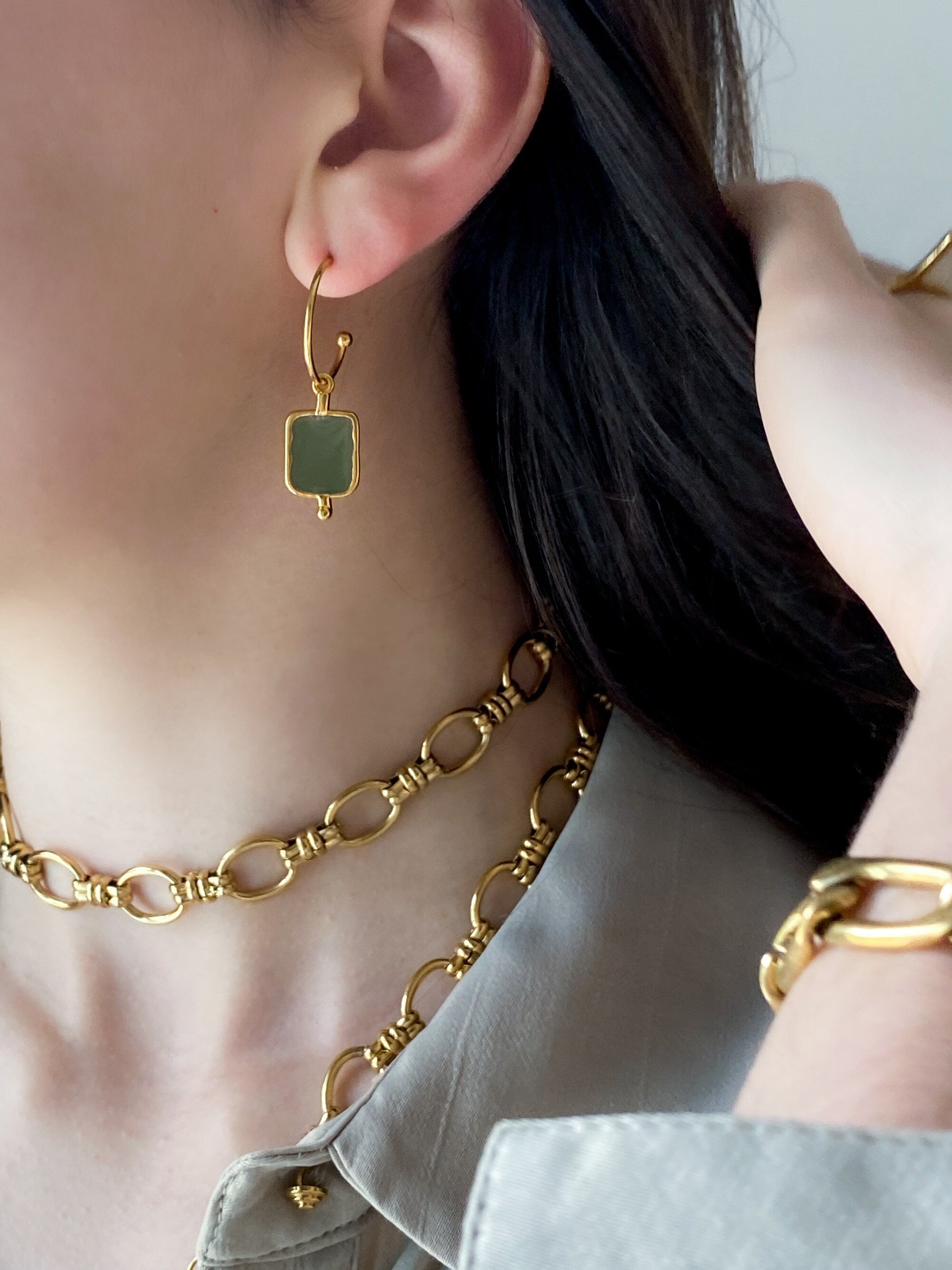 Gift for Her Gold Dangle Earrings Golden Hoops with Charms khaki Earrings Boho Hoop Earrings Ethnic KASSANDRA