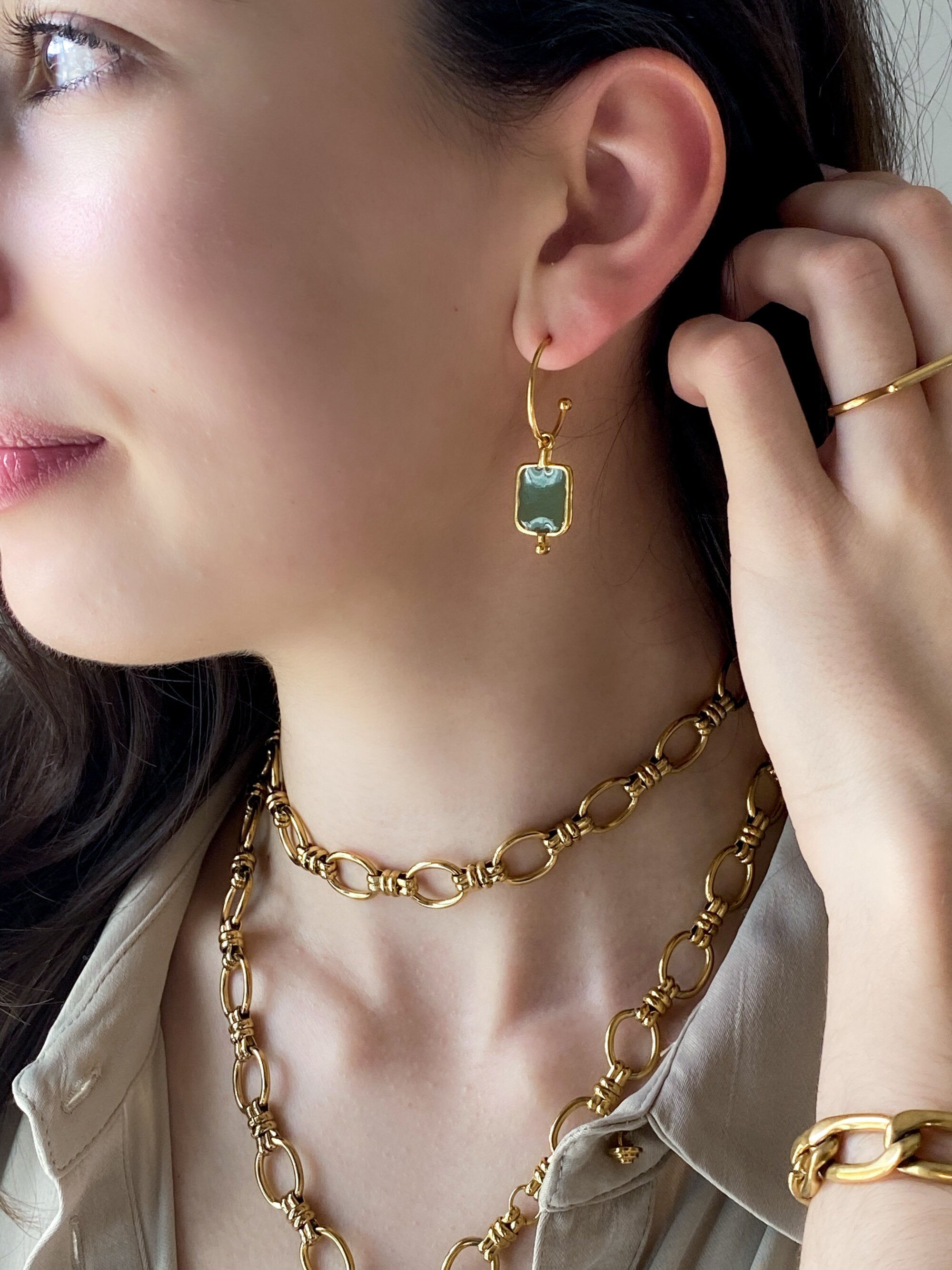 Gift for Her Gold Dangle Earrings Golden Hoops with Charms khaki Earrings Boho Hoop Earrings Ethnic KASSANDRA