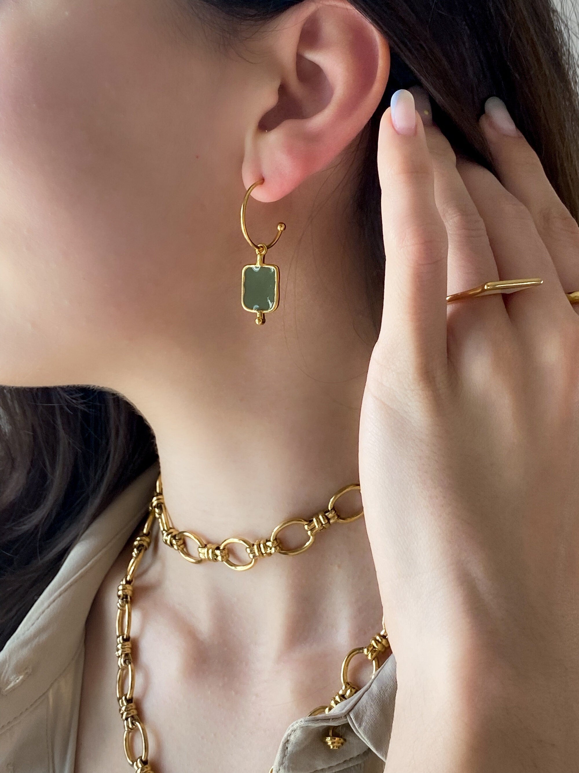 Gift for Her Gold Dangle Earrings Golden Hoops with Charms khaki Earrings Boho Hoop Earrings Ethnic KASSANDRA