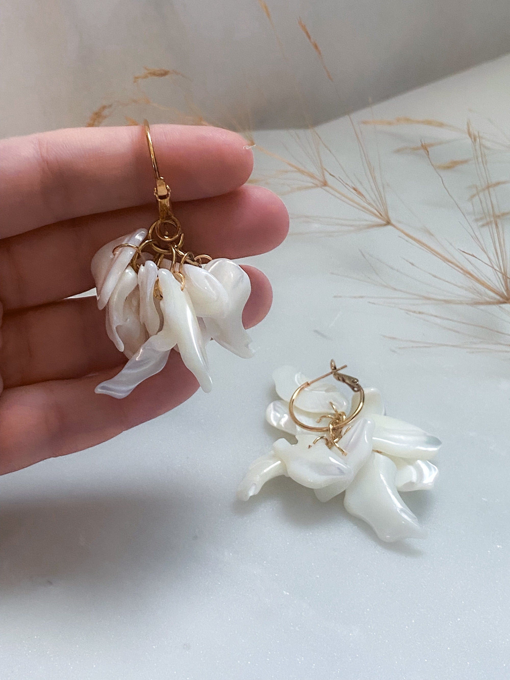 Natural Sea Shell Earrings, Mermaidcore Jewelry, Festive Summer Hoop Earrings, White Sea Flower Earrings, Gift for Her, FLORA