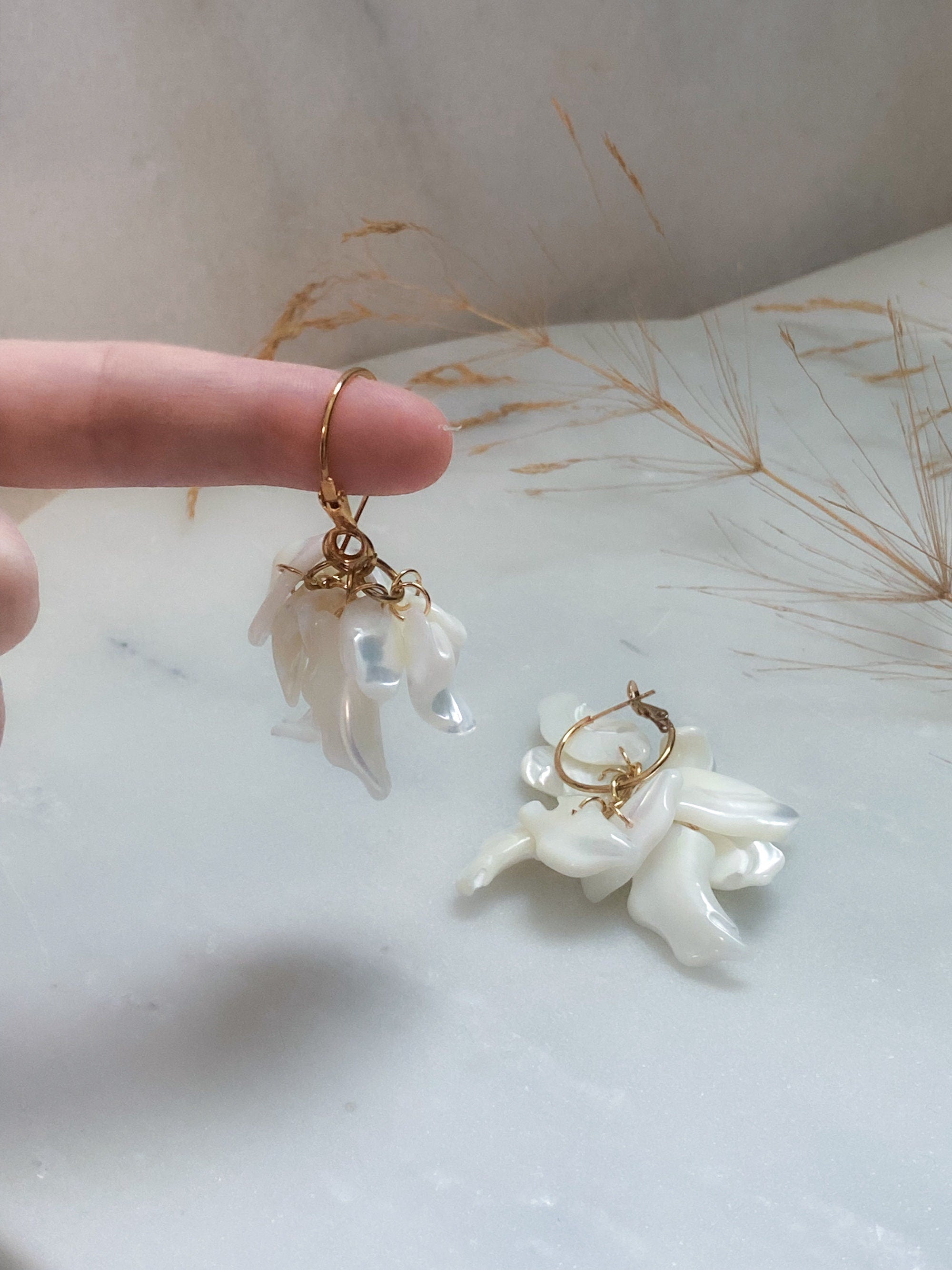 Natural Sea Shell Earrings, Mermaidcore Jewelry, Festive Summer Hoop Earrings, White Sea Flower Earrings, Gift for Her, FLORA