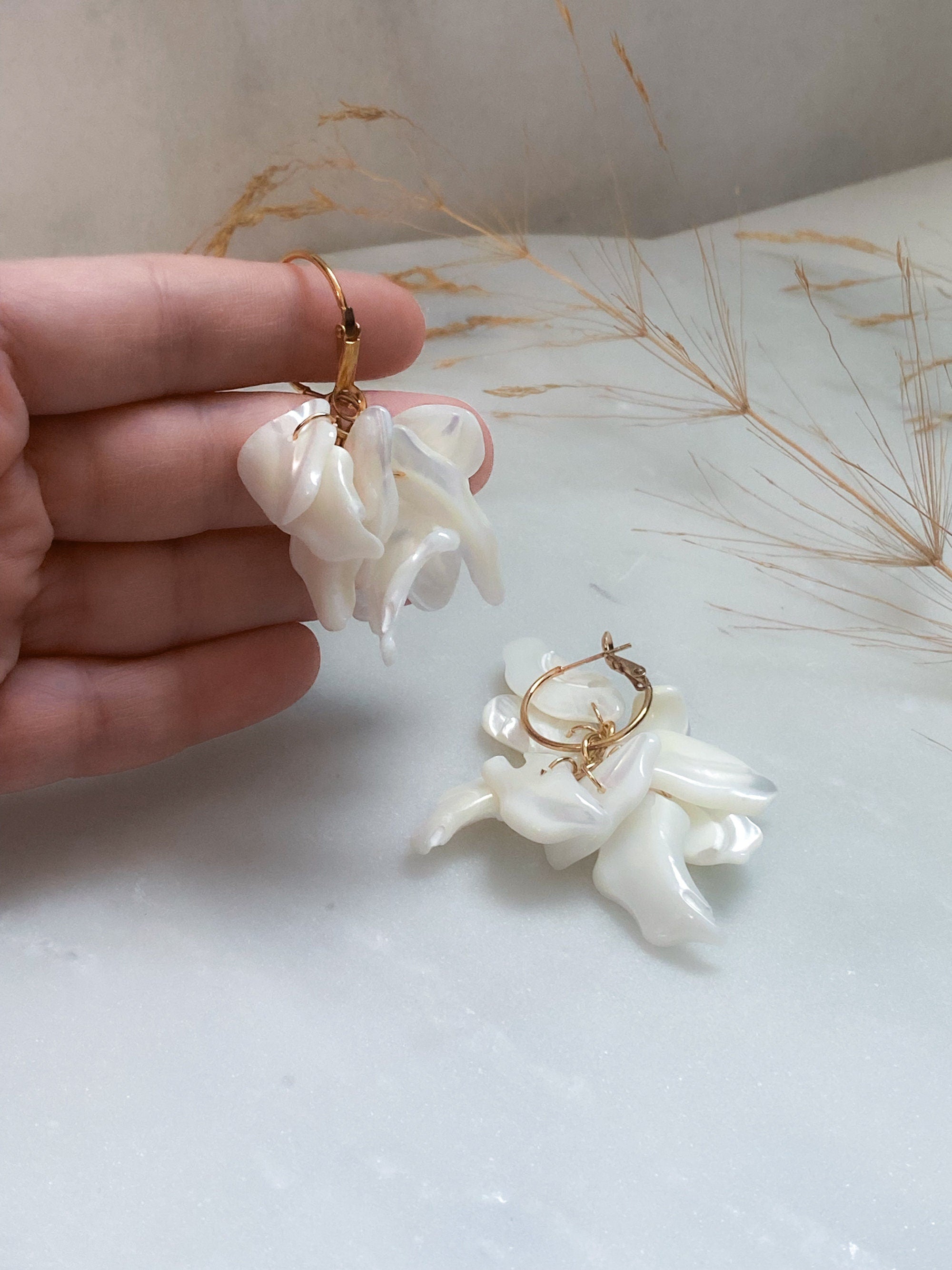 Natural Sea Shell Earrings, Mermaidcore Jewelry, Festive Summer Hoop Earrings, White Sea Flower Earrings, Gift for Her, FLORA