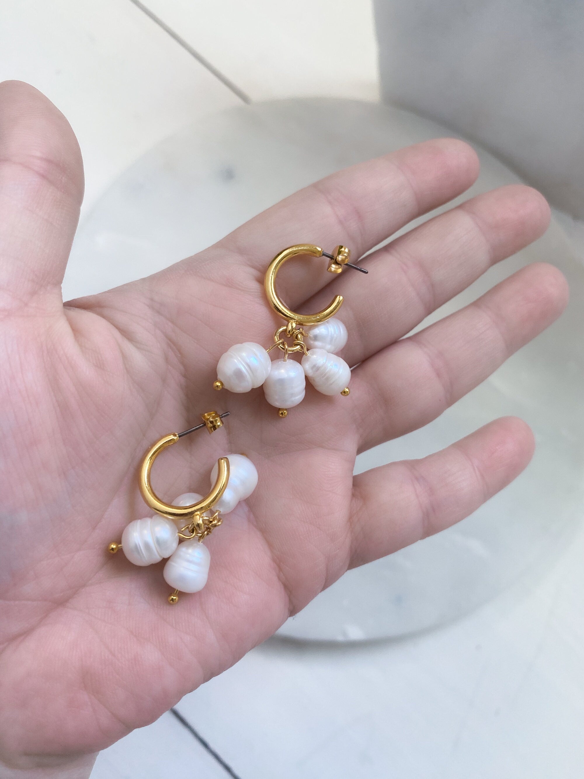 Pearl gold huggie hoop earrings , Jewelry gift for mum, Cute handmade earrings, Mermaid core Jewelry, Birthday gift for her, ΜΑΙΑ