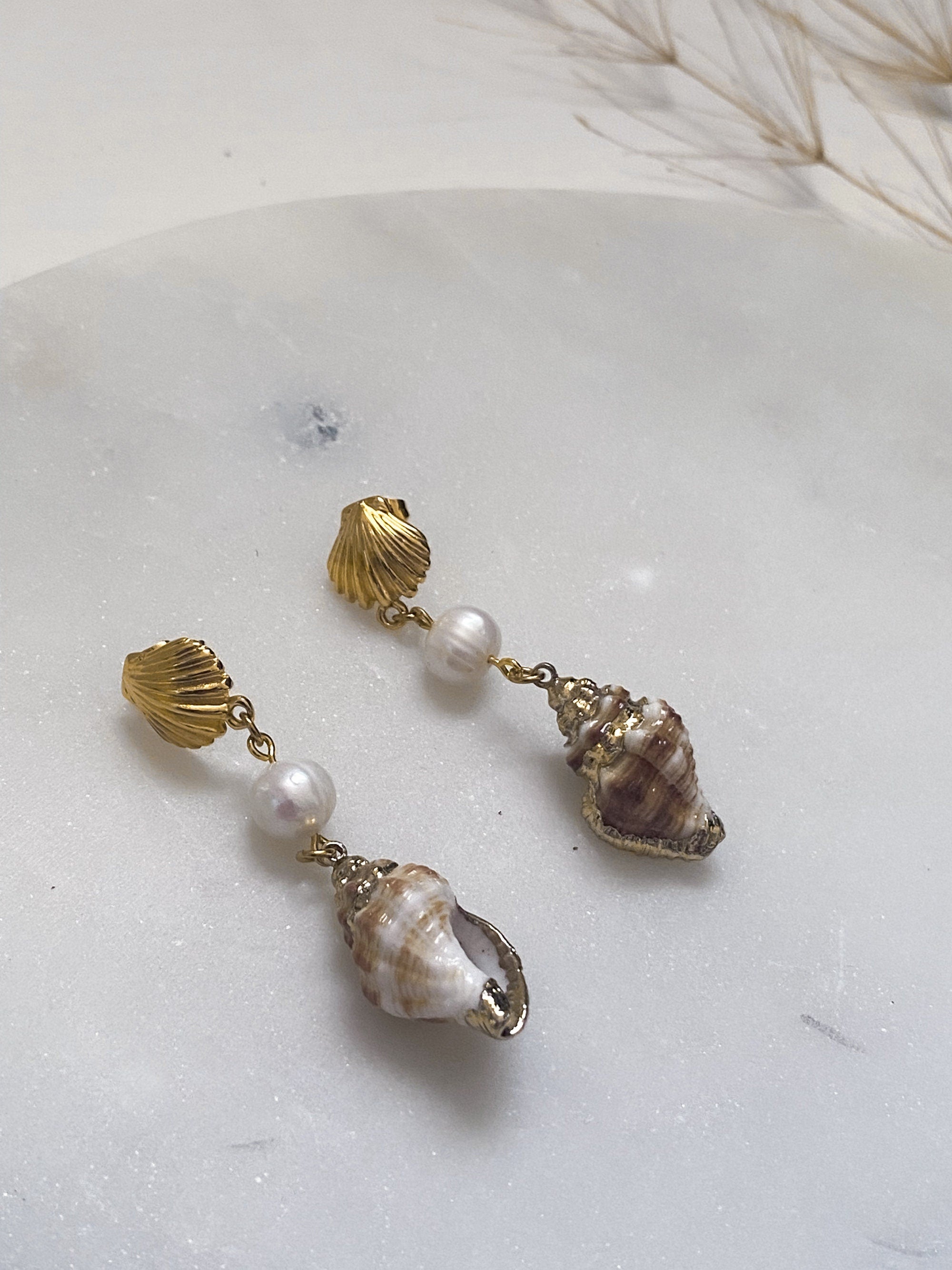 Pearl and natural shell earrings, Gold clam shell stud earrings, Siren core aesthetic jewelry, Summer little mermaids, Gift for her, MARINA