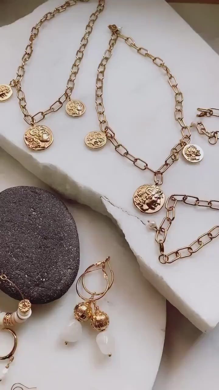 Gold Coin Necklace Statement Thick Necklace Paperclip Chain Chunky Gold Necklace Coin Pendant Medaillon Vintage Style Gift for her