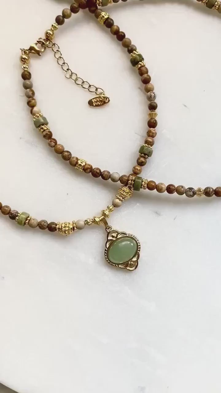 Heishi Necklace Jasper Bead Necklace Statement Boho Necklace Surfer Choker Green Agate Charm Necklace