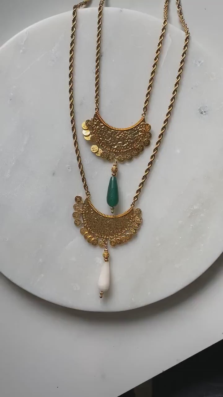 Ethnic coin Necklace with Jade Pendant