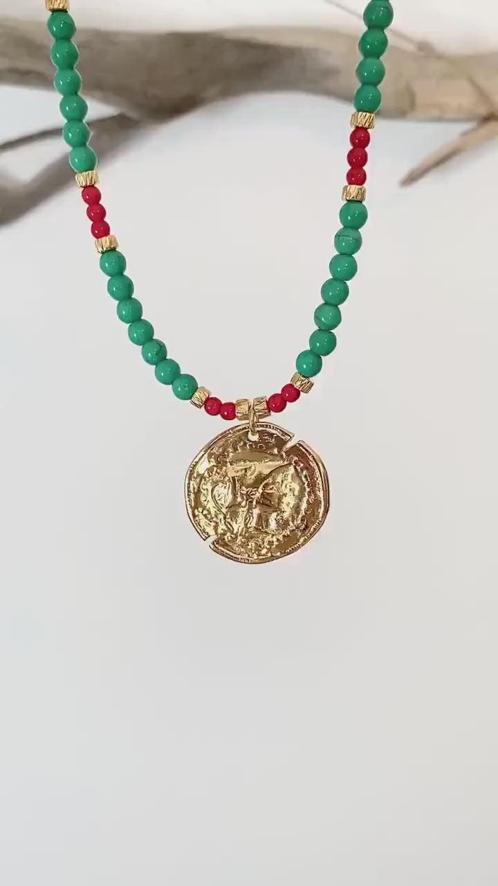 Big Gold Coin Necklace Gemstone Bead Necklace Oversize Charm Necklace Statement Necklace Chunky Greek Coin Gift for Her