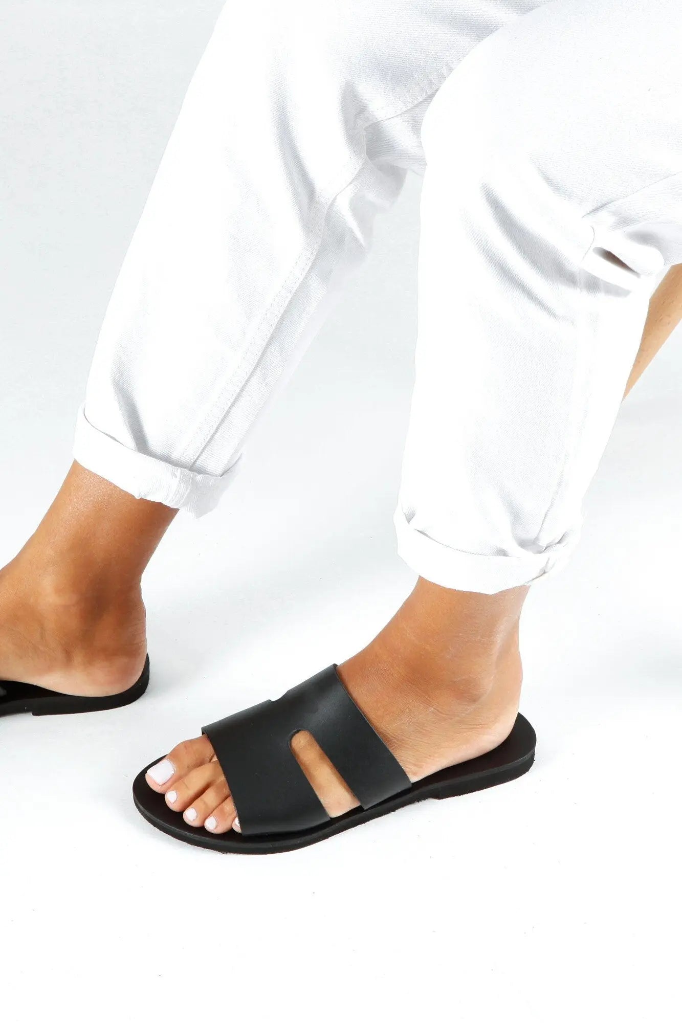 VOTSALO, Black Flat Sandals, Womens Greek Leather Sandals, Flat Slides Sandals, Handmade Summer Shoes