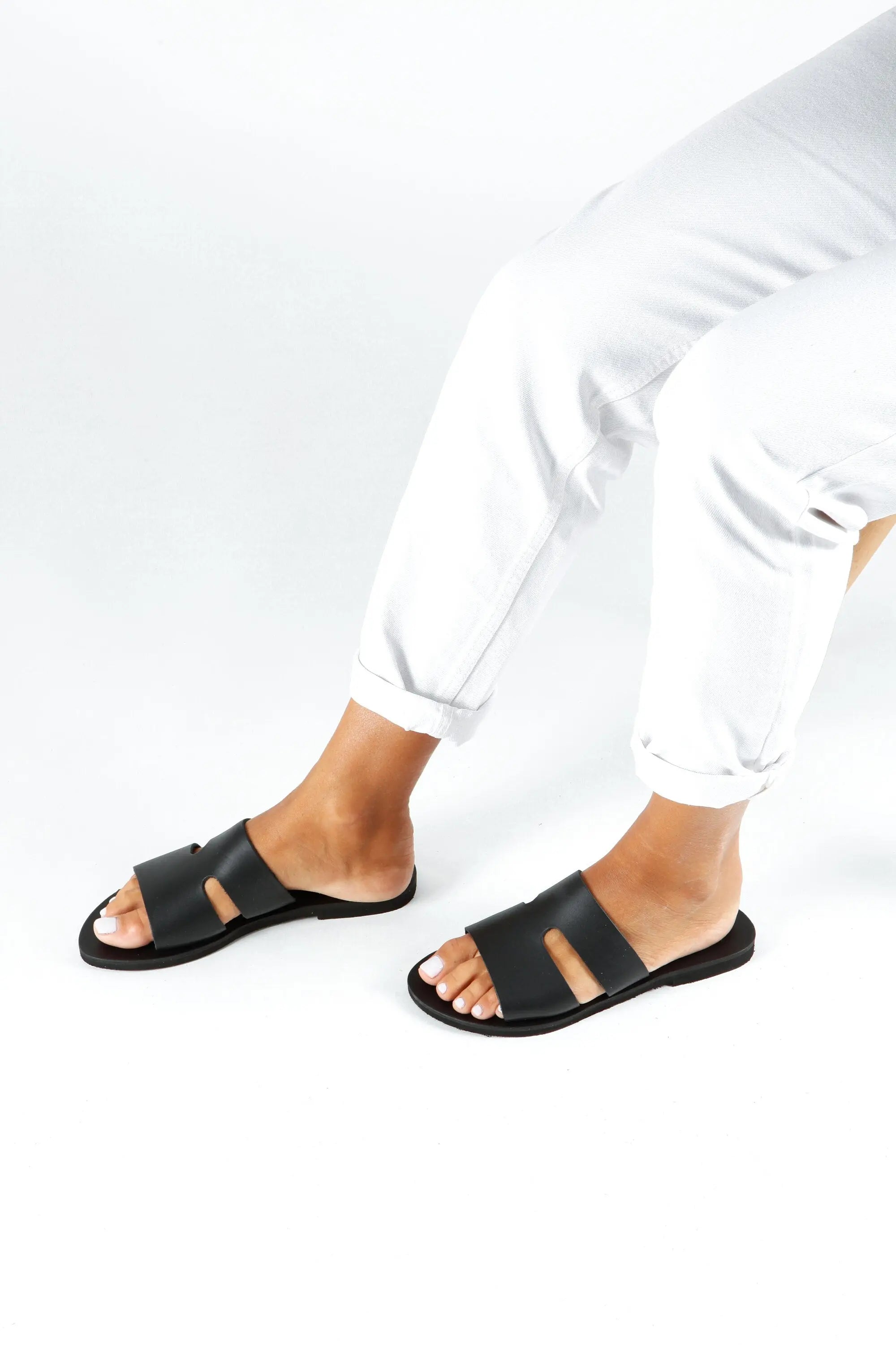 VOTSALO, Black Flat Sandals, Womens Greek Leather Sandals, Flat Slides Sandals, Handmade Summer Shoes