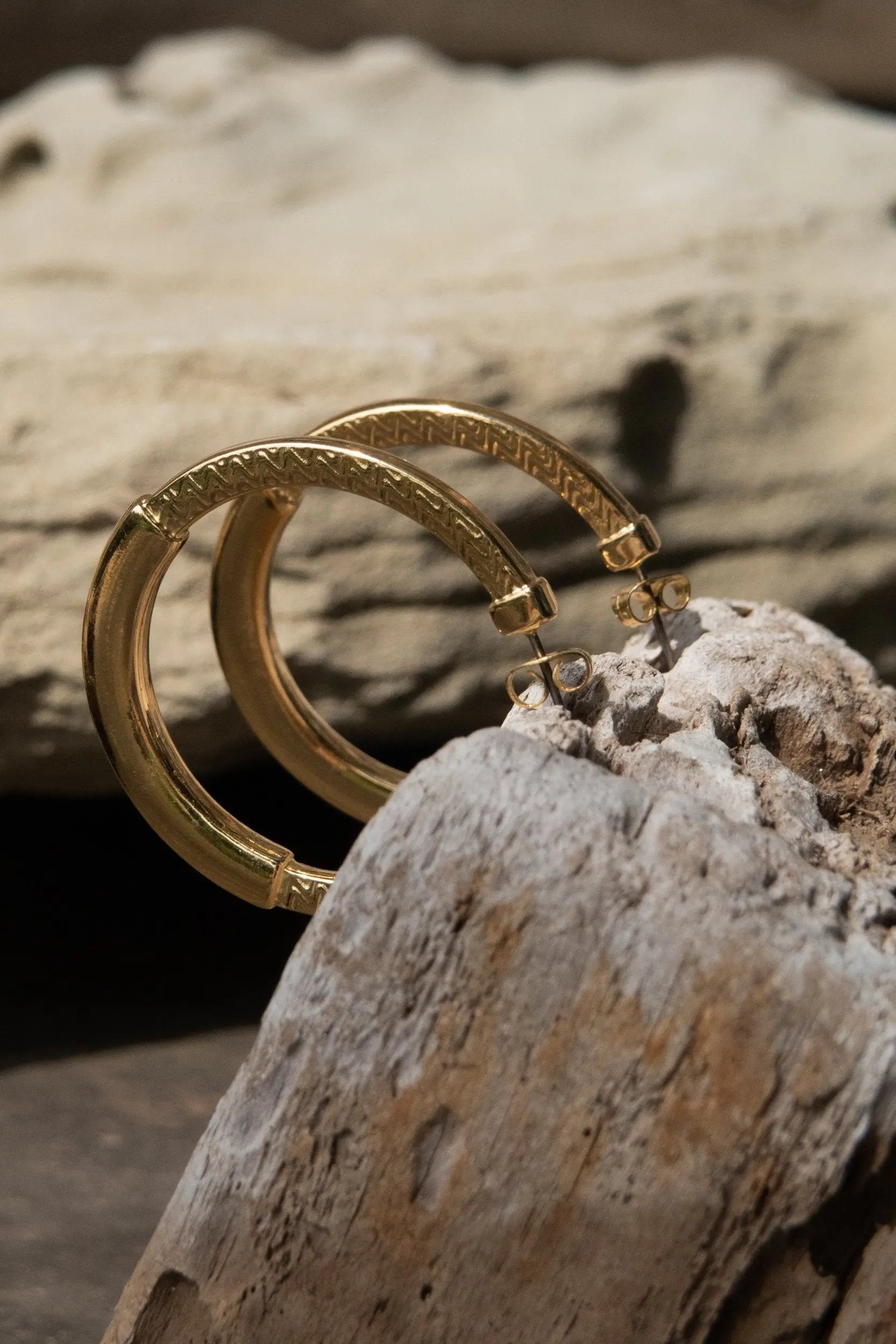 24 k gold filled hoops with tribal pattern, Minimalist hoop earrings, Thick flat hoops, Bohemian Chic Gold Gypsy