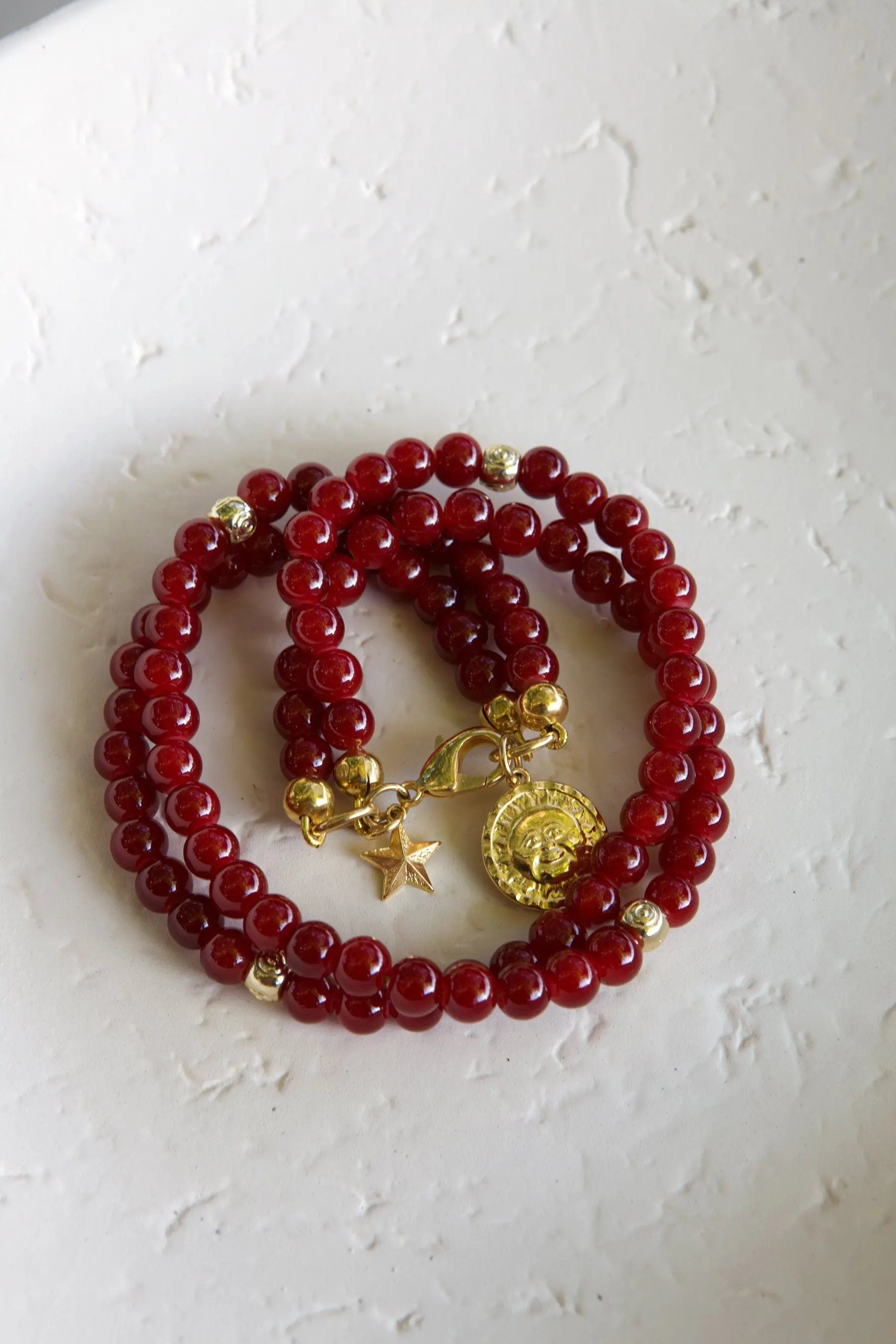 Red crystal beaded Bracelet and Necklace, Boho chic bracelet femme, charm bracelet with sun/moon pendant