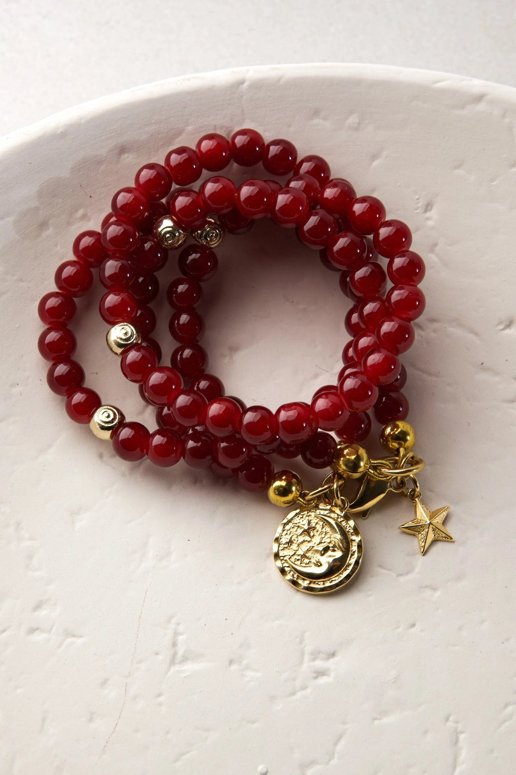 Red crystal beaded Bracelet and Necklace, Boho chic bracelet femme, charm bracelet with sun/moon pendant