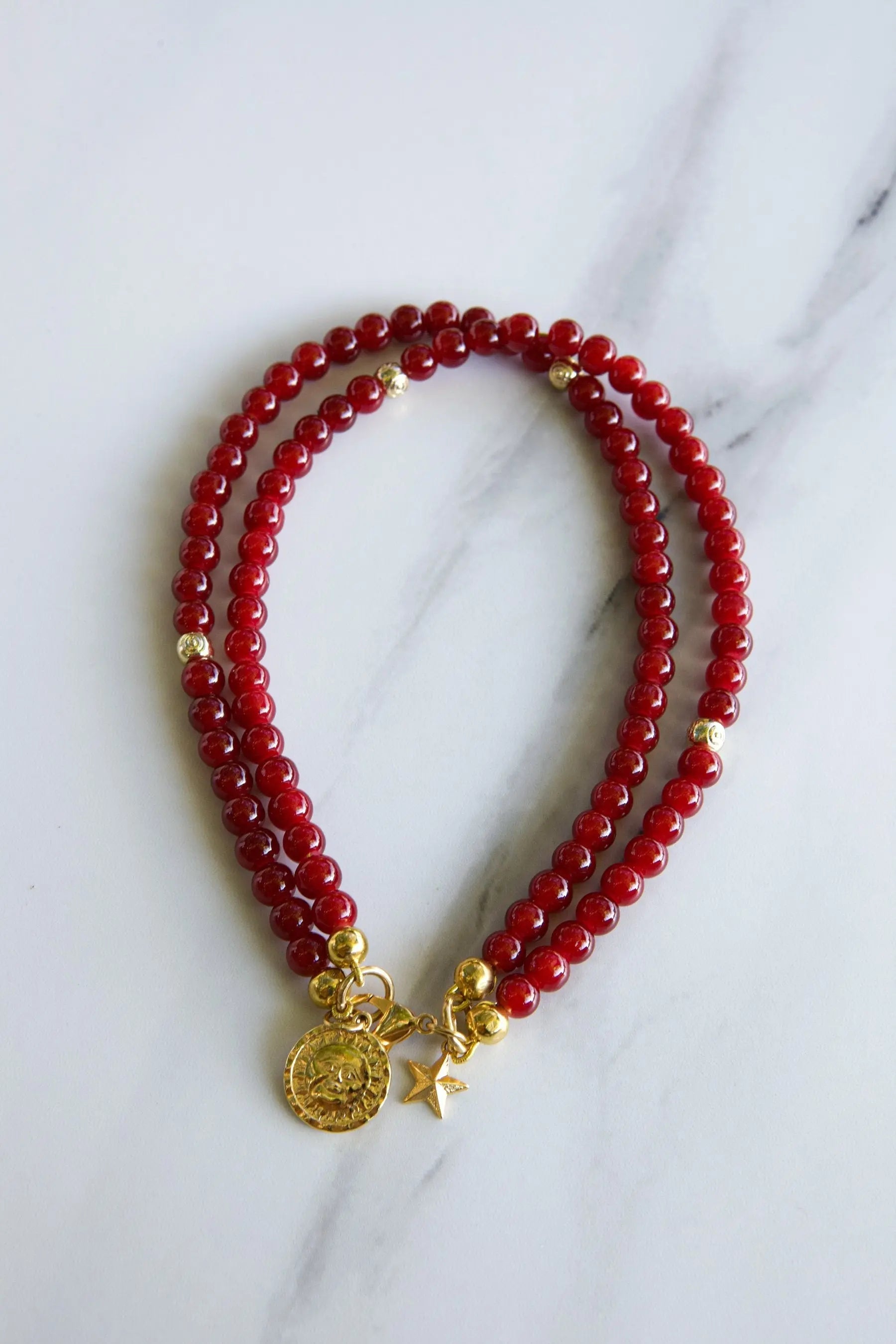 Red crystal beaded Bracelet and Necklace, Boho chic bracelet femme, charm bracelet with sun/moon pendant