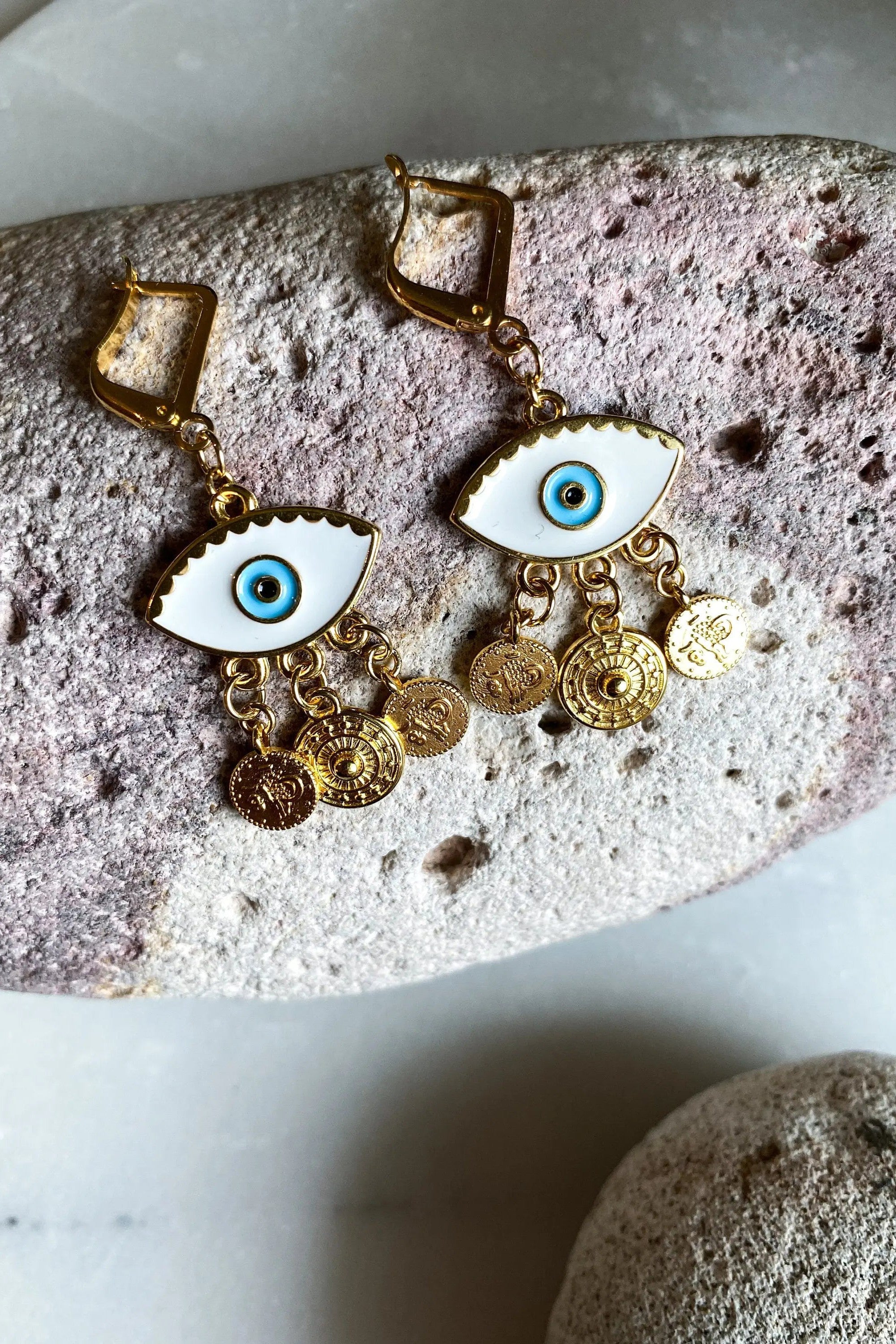 Gold evil eye earrings, Bohemian Coin Earrings, Cute dangle resin Earrings, Evil eye jewelry, Bridesmaid gift