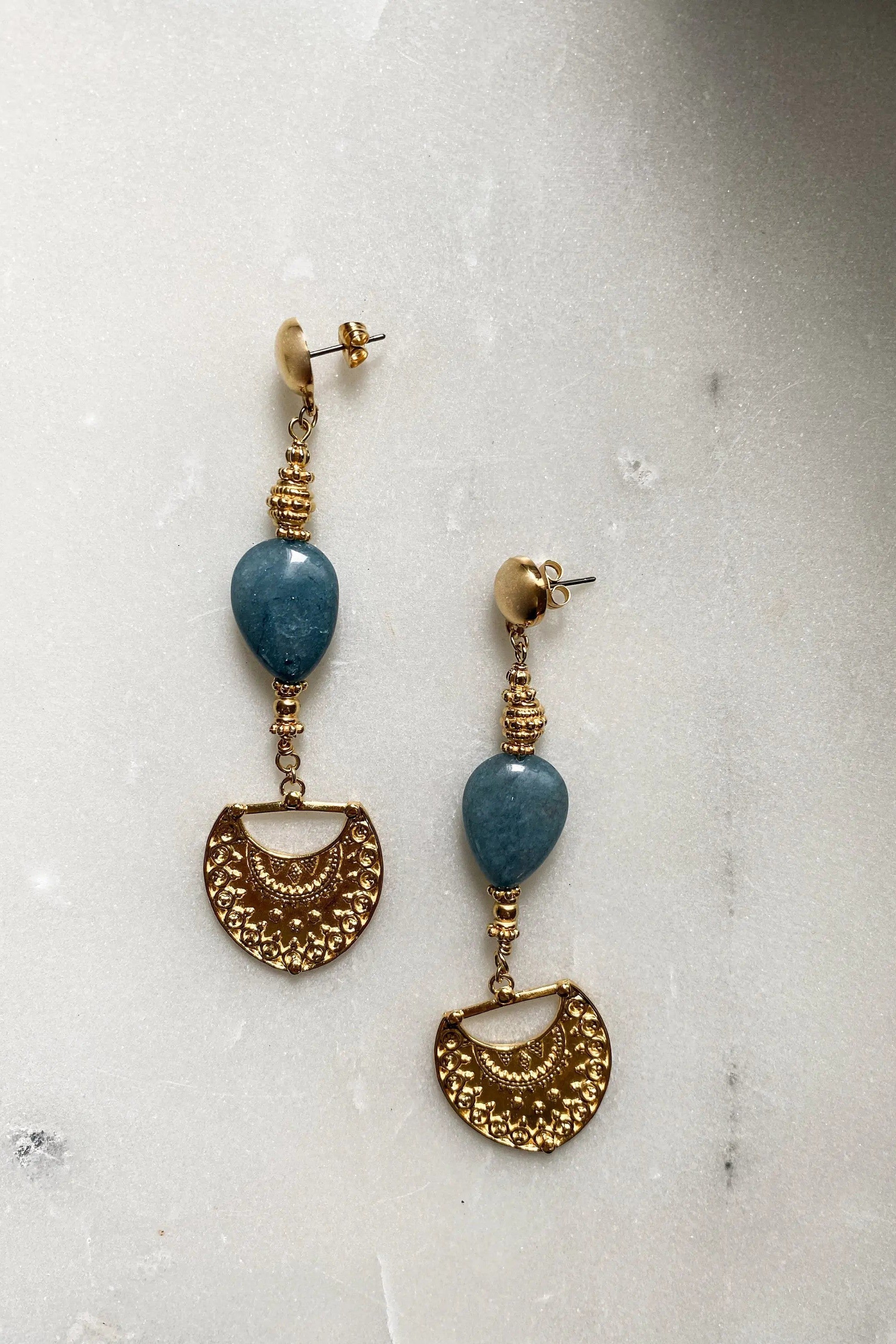 Bijoux Ethniques en or, Tribal Boho Earrings, Amazonite Earrings, Jade gemstone Jewelry, Bijoux Artisanaux grecs, Gold Statement Earrings