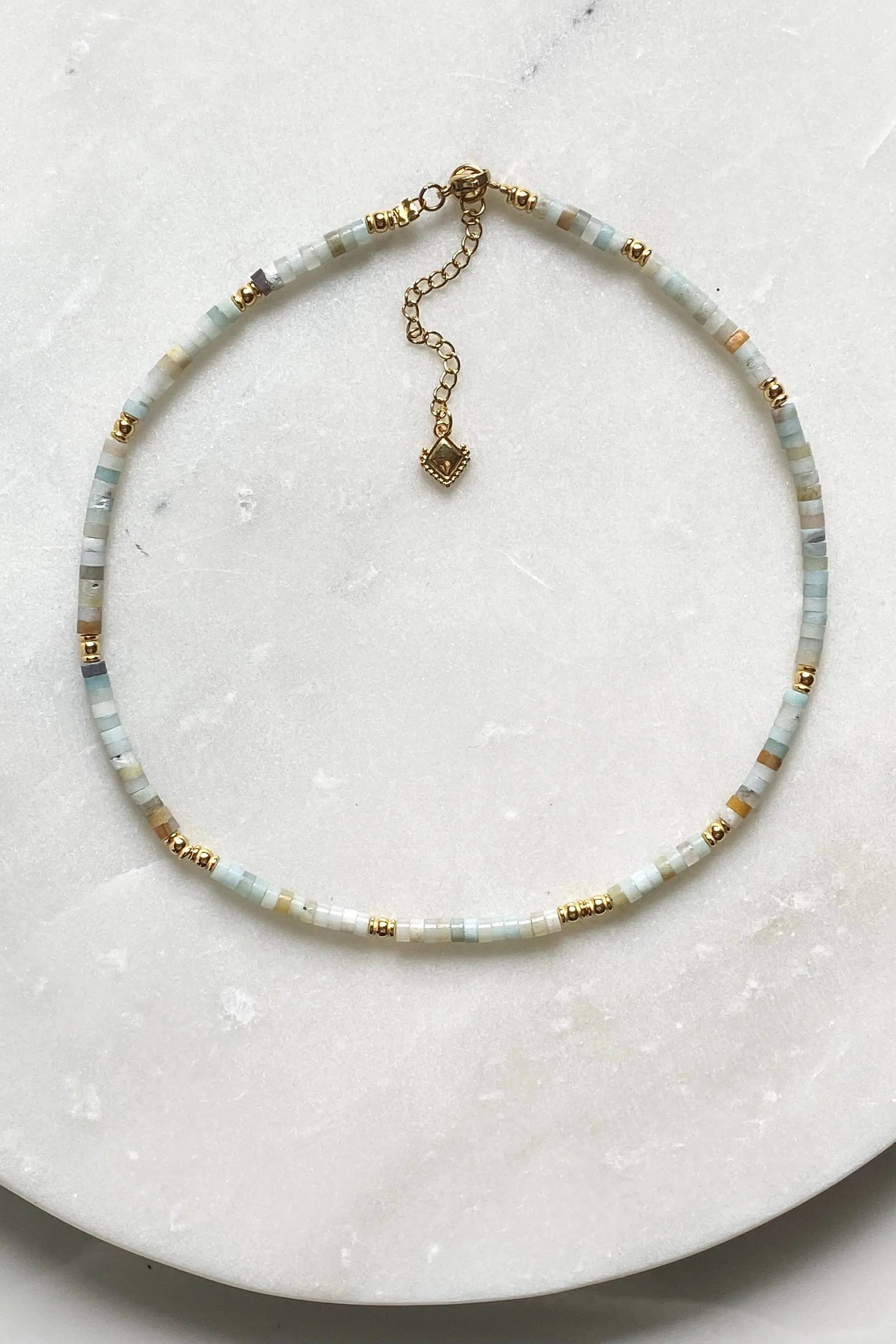 AELIA Heishi necklace, Statement Boho Necklace, Surfer Boho chic choker necklace, Dainty Aquamarine necklace, Collier pierre femme