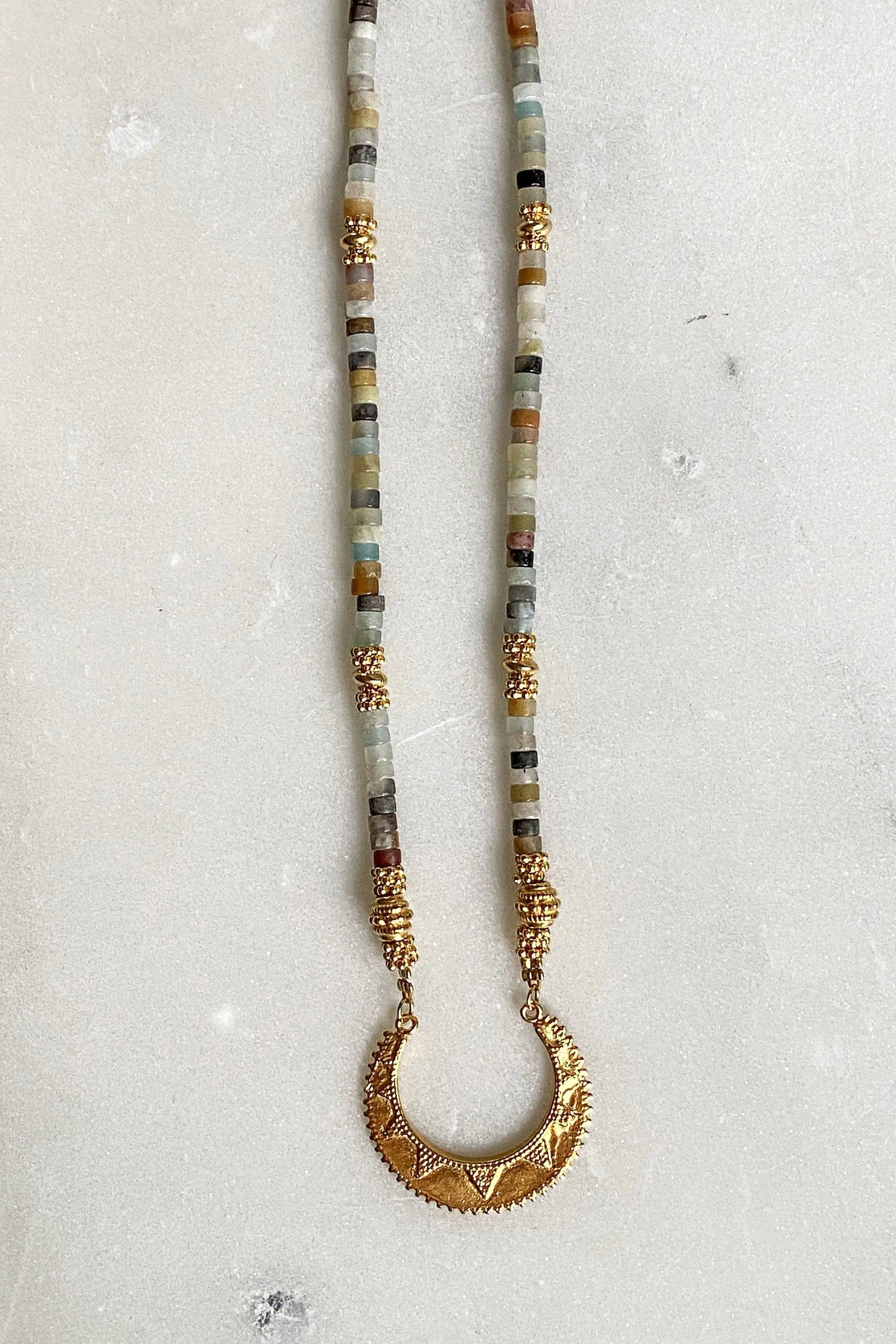 ELENI heishi Statement Necklace, Amazonite necklace with gold ancient charm, Boho chic choker necklace, Surfer gems choker, gift for her