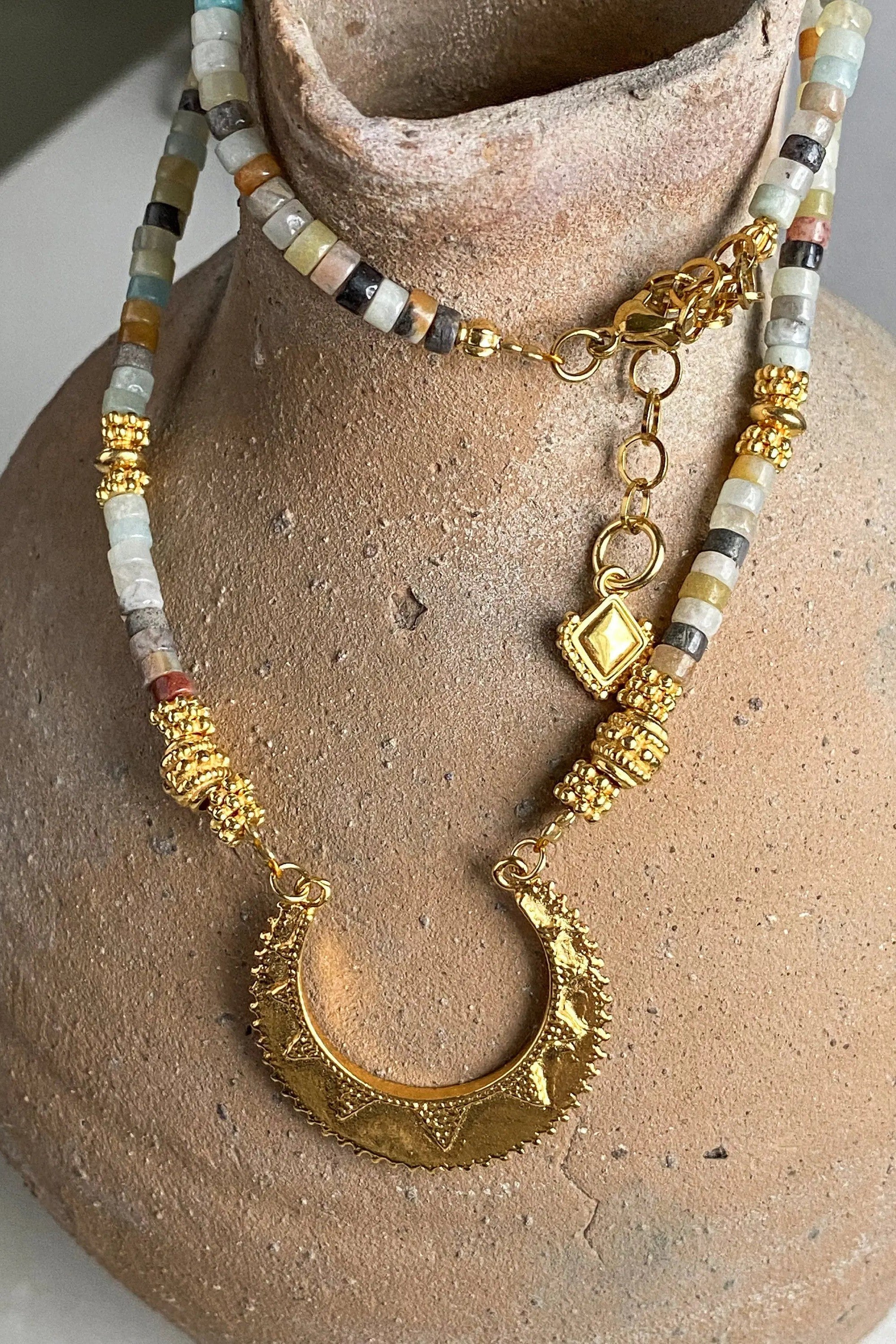 ELENI heishi Statement Necklace, Amazonite necklace with gold ancient charm, Boho chic choker necklace, Surfer gems choker, gift for her