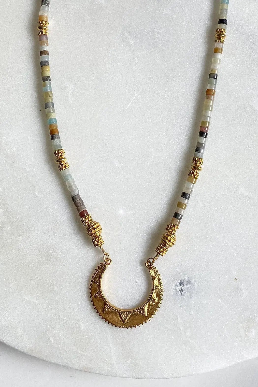 ELENI heishi Statement Necklace, Amazonite necklace with gold ancient charm, Boho chic choker necklace, Surfer gems choker, gift for her