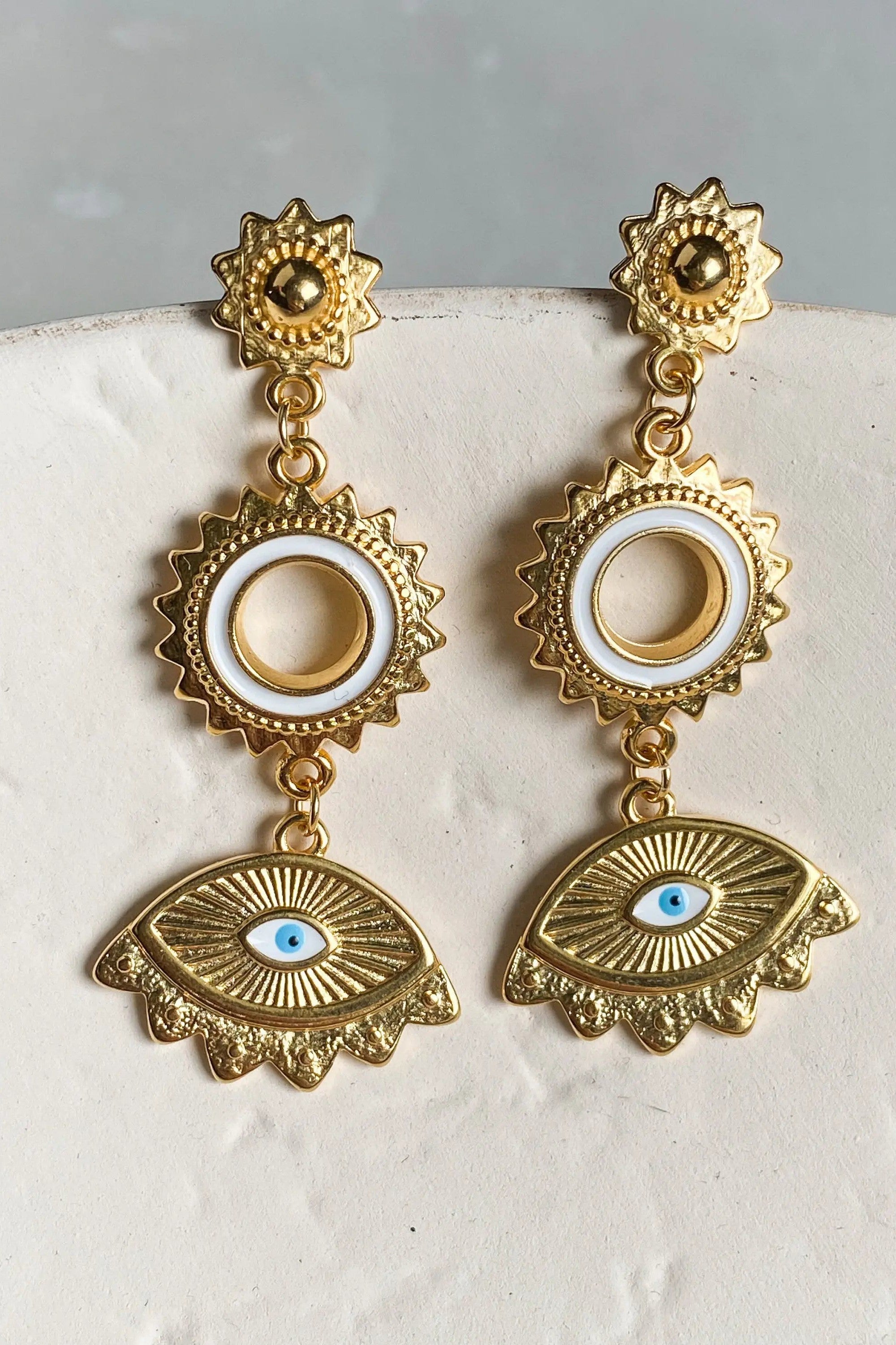 Statement evil eye earrings, Resin Sunflower Earrings, Gold gypsy earrings, Dangle cute boho earrings