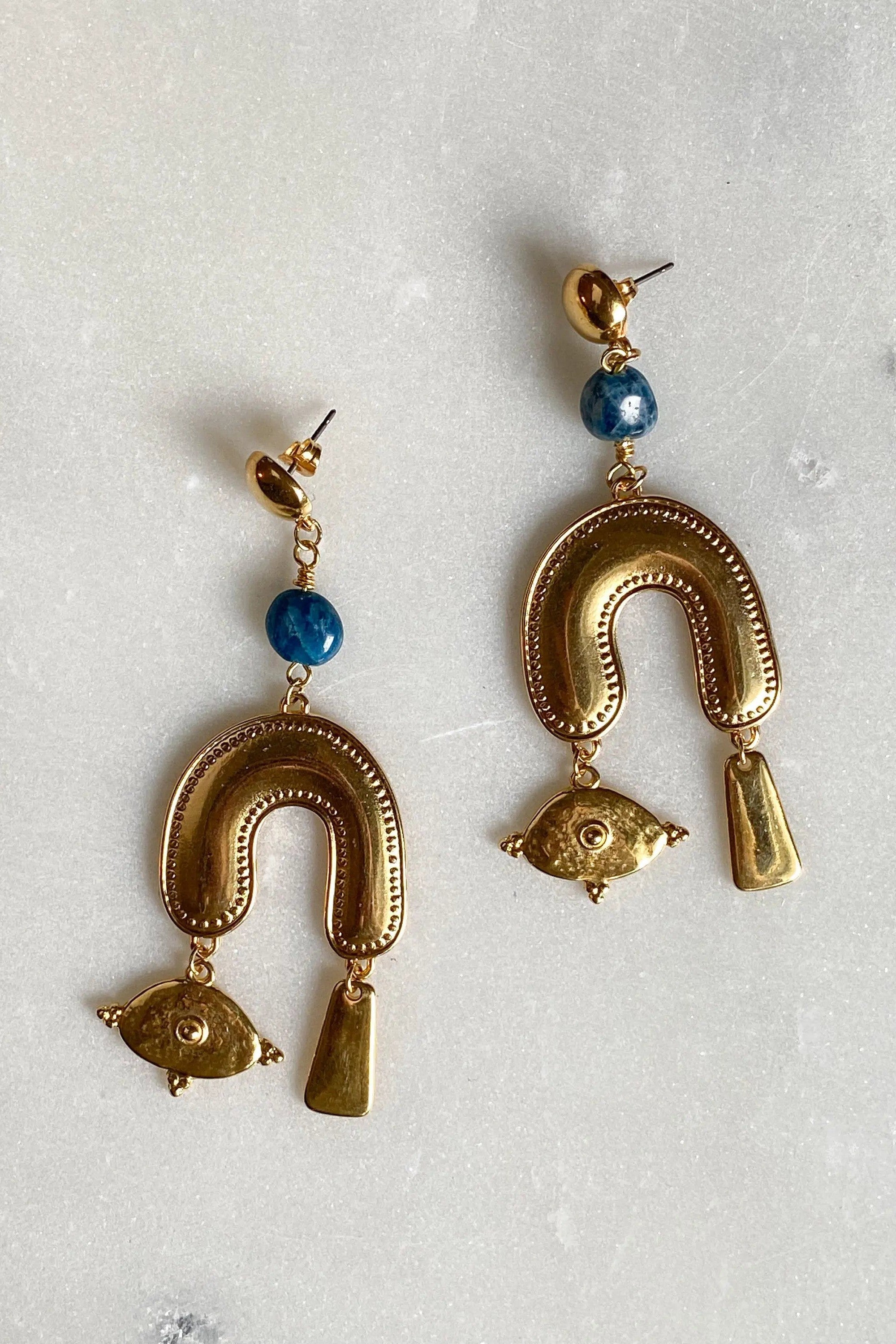 Gold Gypsy Earrings Blue Agate Earrings Statement Earrings Chandelier Earrings Oversized Gift for Her