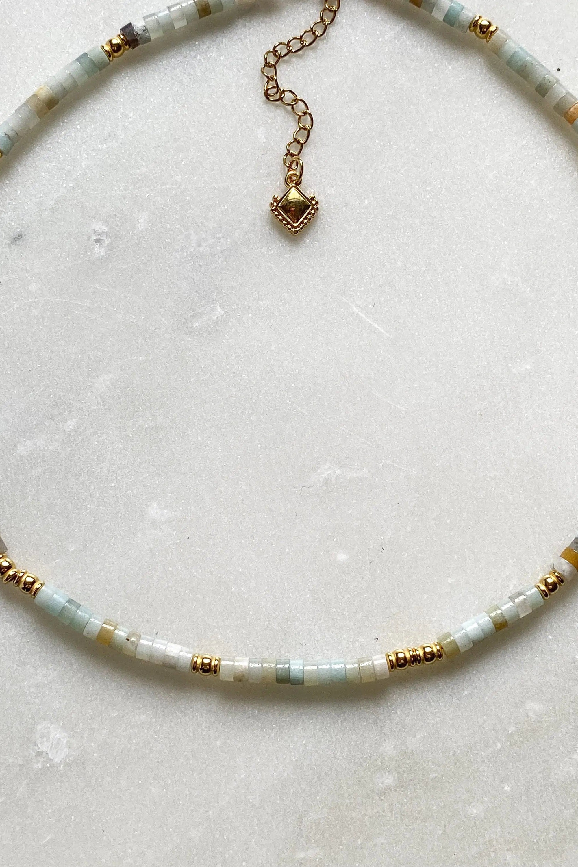 AELIA Heishi necklace, Statement Boho Necklace, Surfer Boho chic choker necklace, Dainty Aquamarine necklace, Collier pierre femme