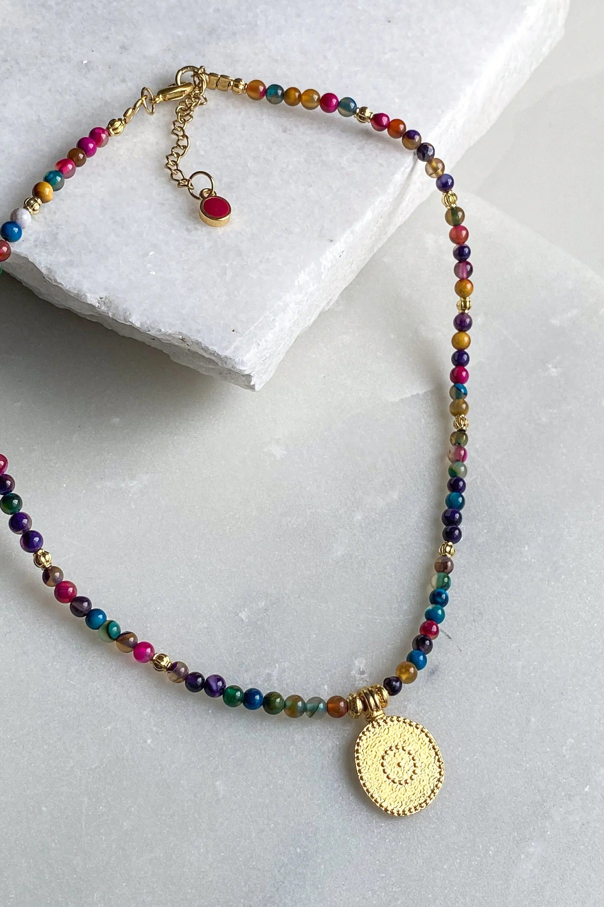 ALKYONI Heishi necklace with gold tribal pendant, Boho chic Agate Necklace, Evil eye choker, Collier pierre femme, Gift for her