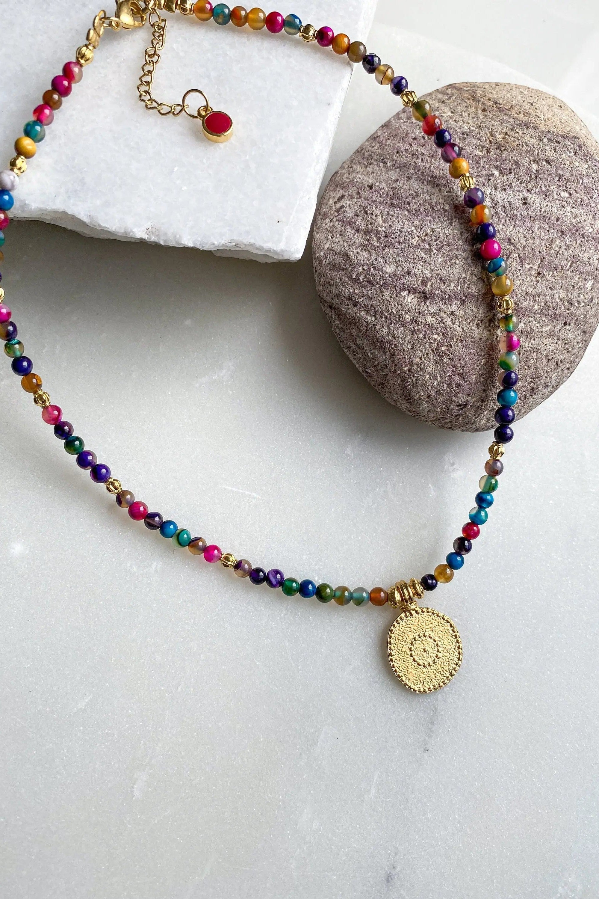 Heishi Necklace with Evil eye charm, Colored Agate Beaded Necklace, Surfer necklace, Mothers day gift, Collier Pierres, Bijoux Ethniques