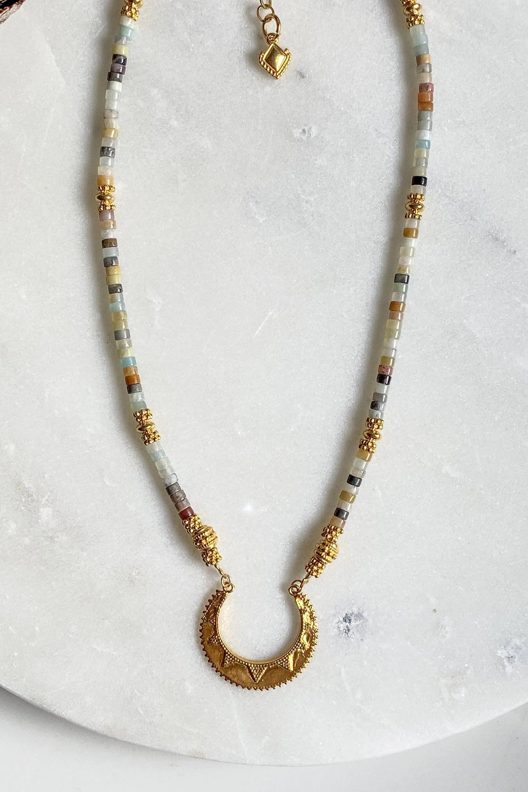 ELENI heishi Statement Necklace, Amazonite necklace with gold ancient charm, Boho chic choker necklace, Surfer gems choker, gift for her