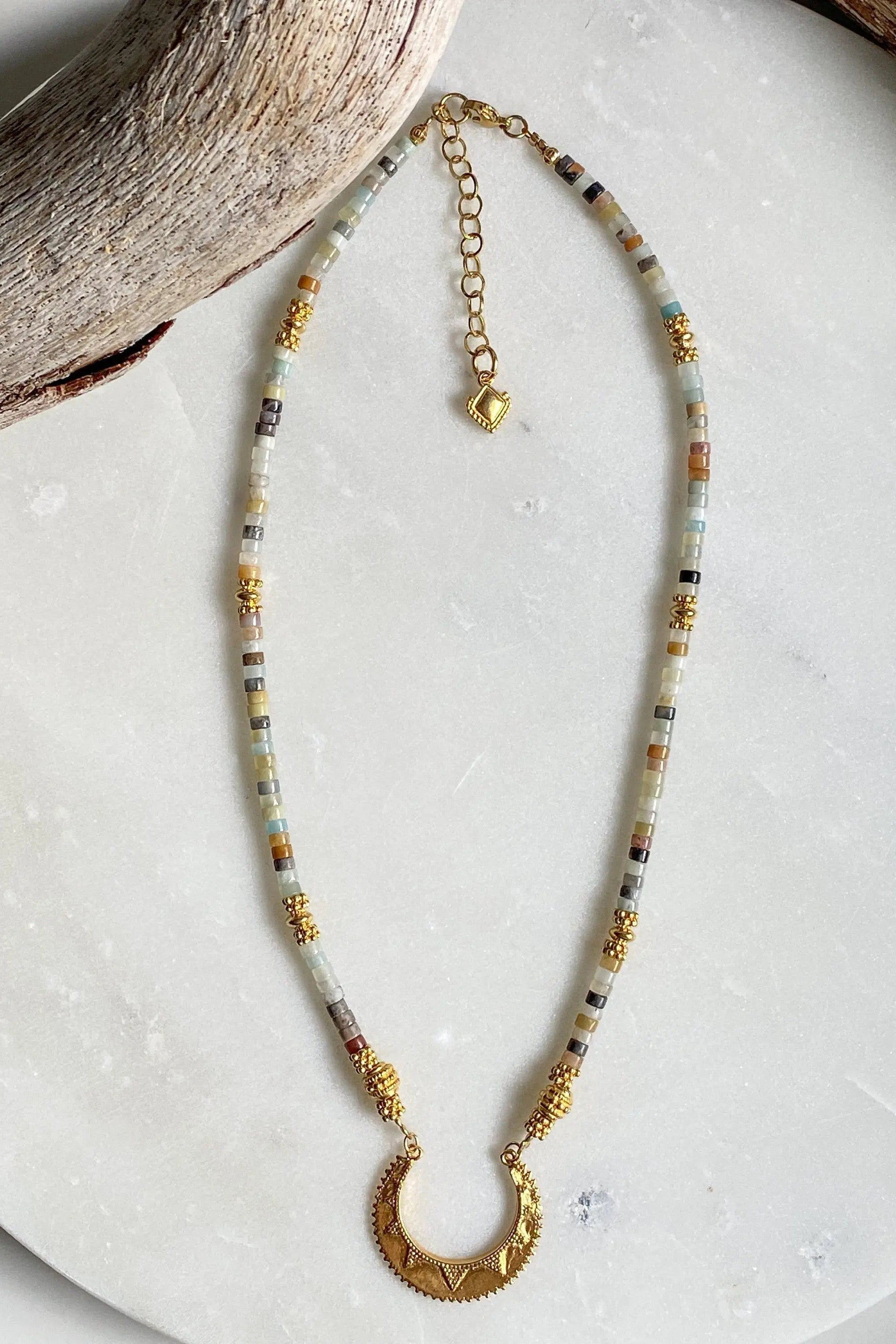 ELENI heishi Statement Necklace, Amazonite necklace with gold ancient charm, Boho chic choker necklace, Surfer gems choker, gift for her