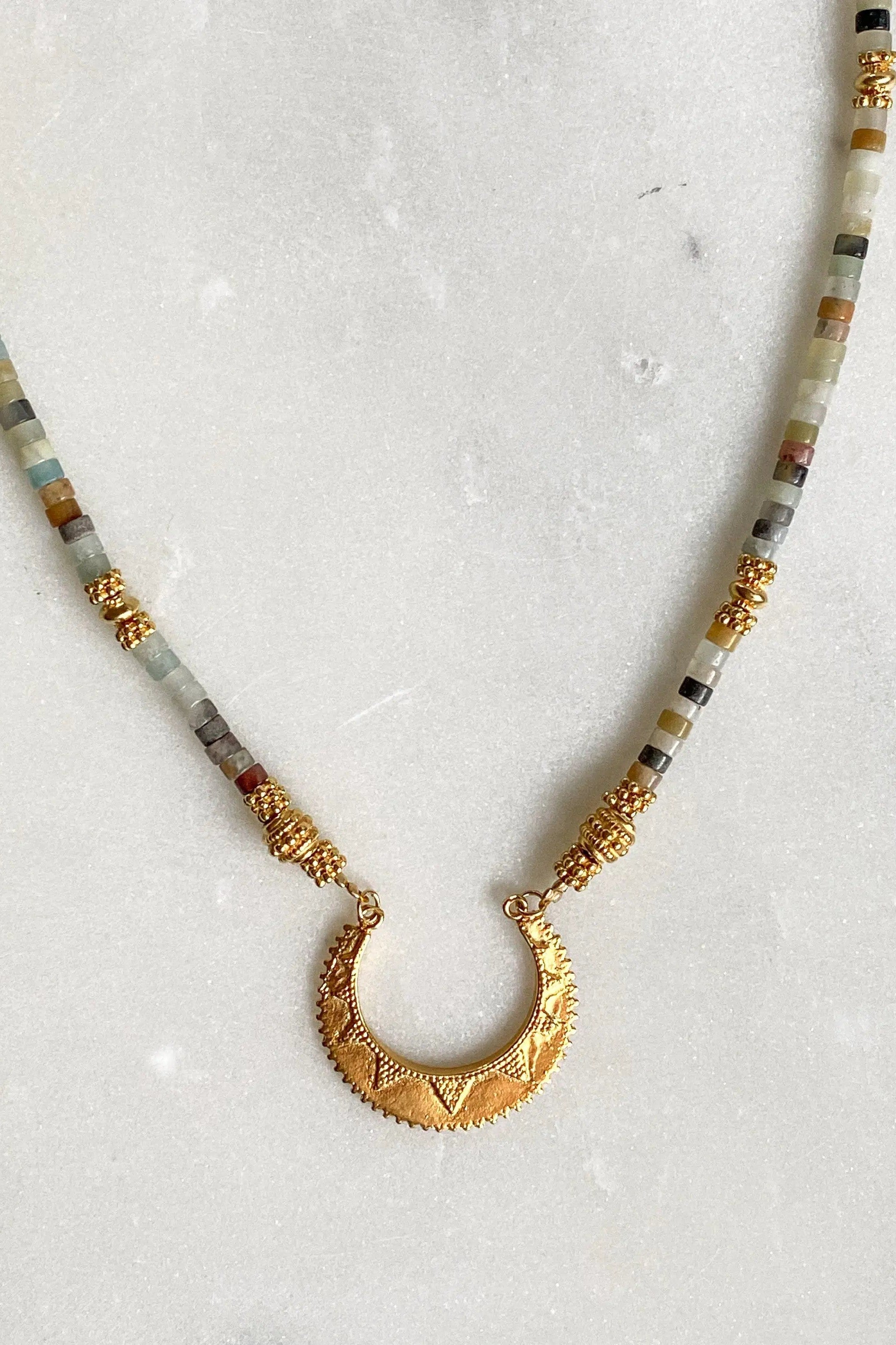 ELENI heishi Statement Necklace, Amazonite necklace with gold ancient charm, Boho chic choker necklace, Surfer gems choker, gift for her
