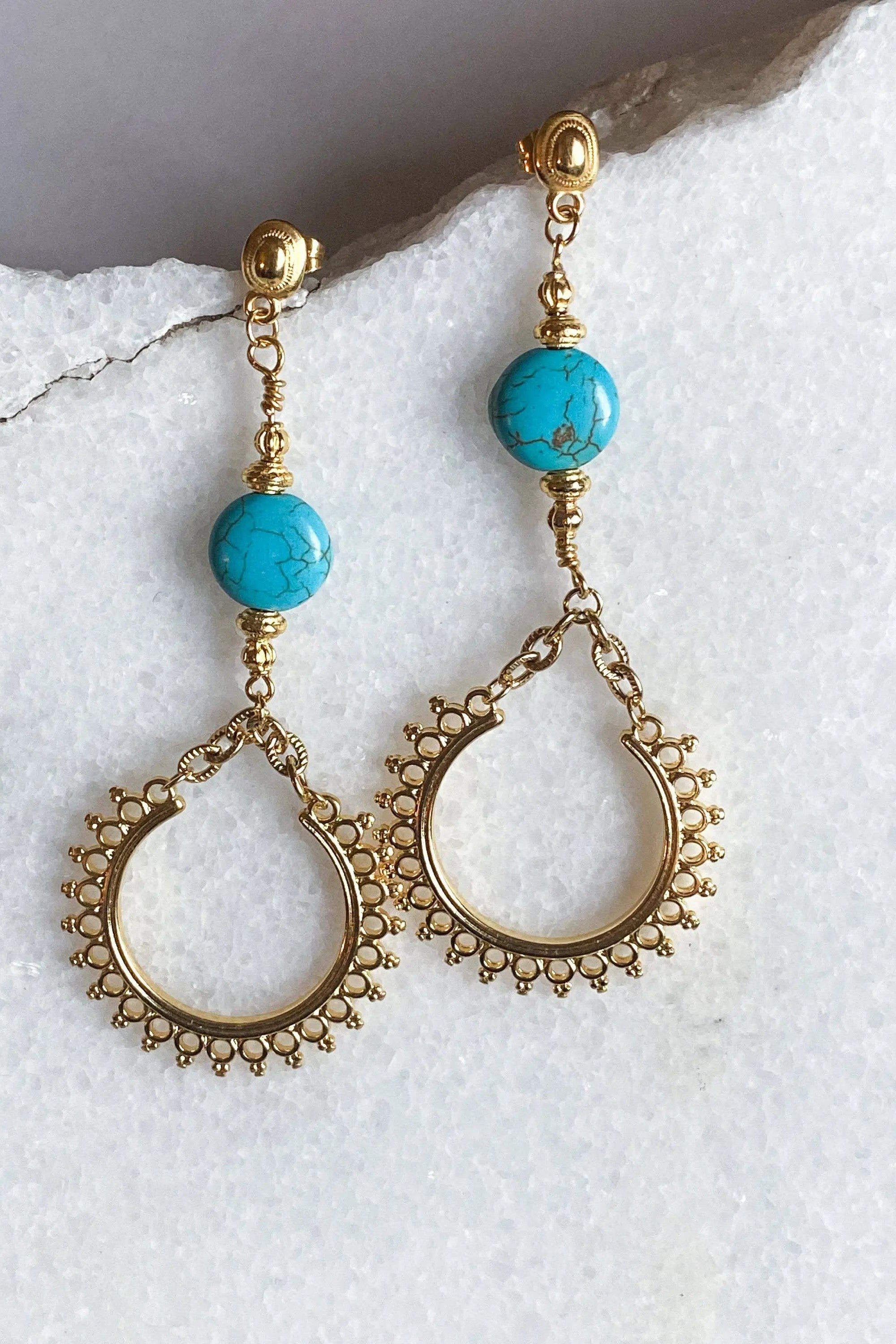 Turquoise and Gold Earrings, Statement gypsy Earrings, Tribal and boho earrings, Cute dangle earrings, Long drop earrings