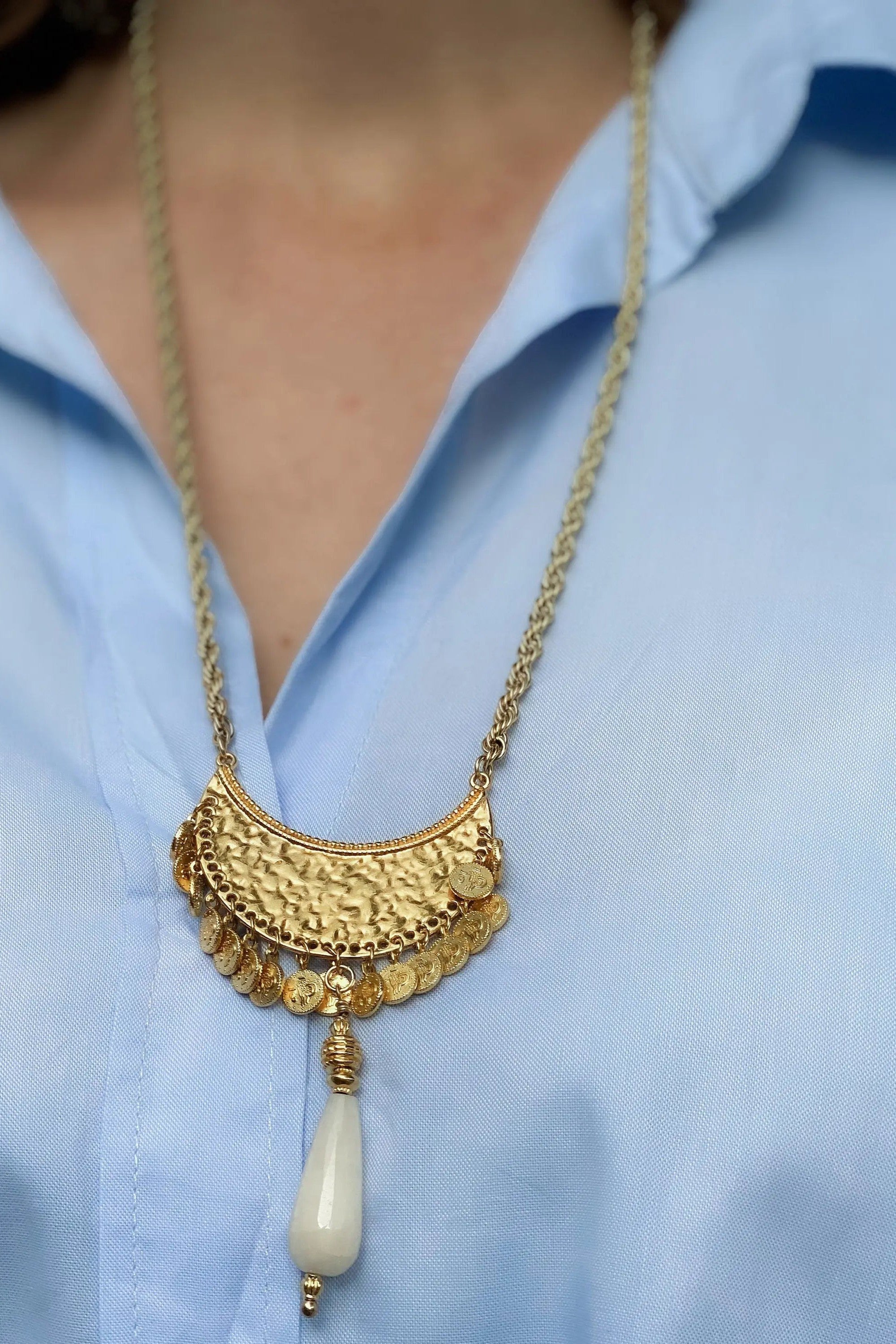 Boho Tribal Necklace, Ethnic coin Necklace with Jade Pendant, Collier femme artisanal, Jade gemstone necklace, Mothers day gift