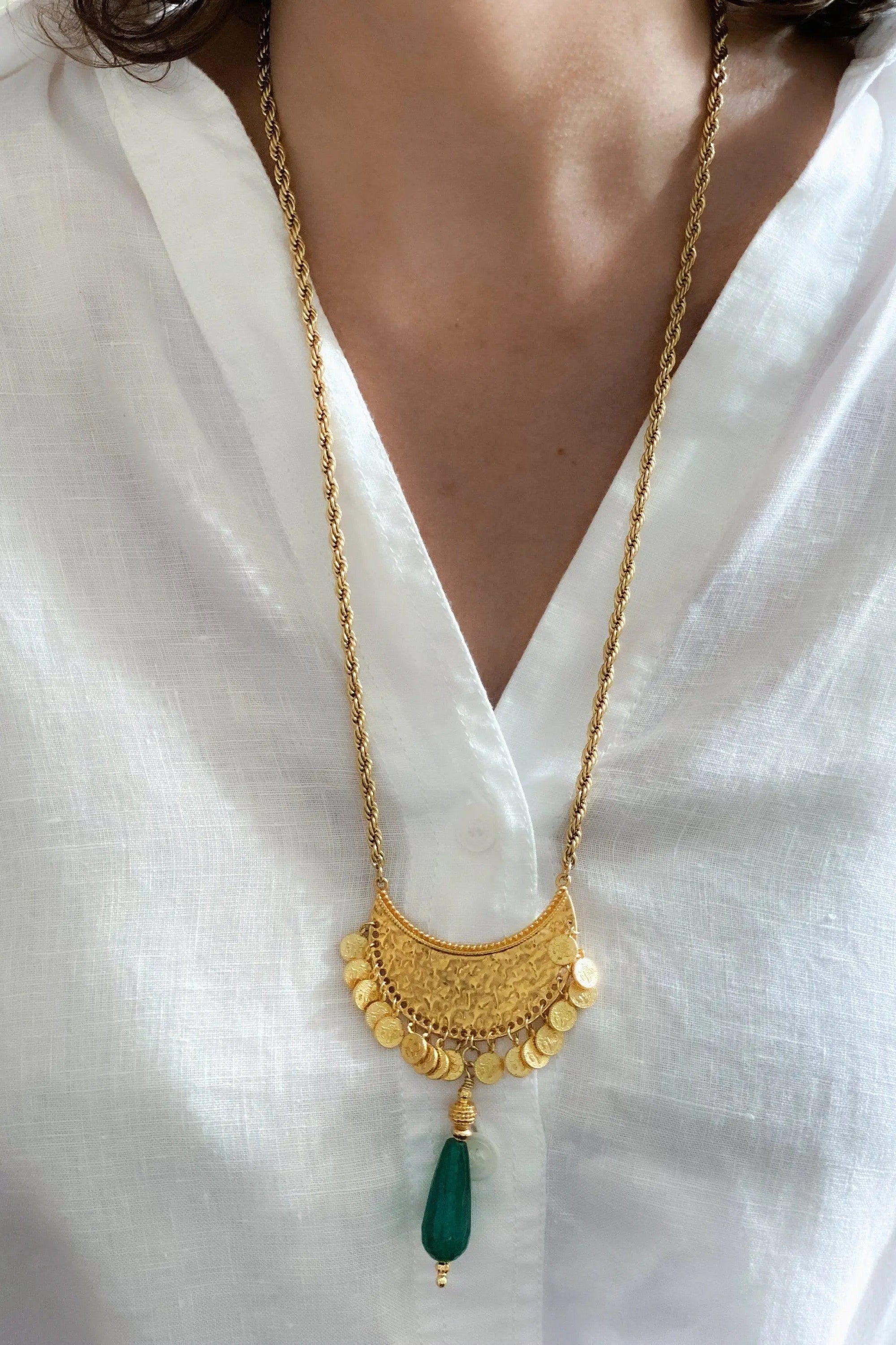 Boho Tribal Necklace, Ethnic coin Necklace with Jade Pendant, Collier femme artisanal, Jade gemstone necklace, Mothers day gift