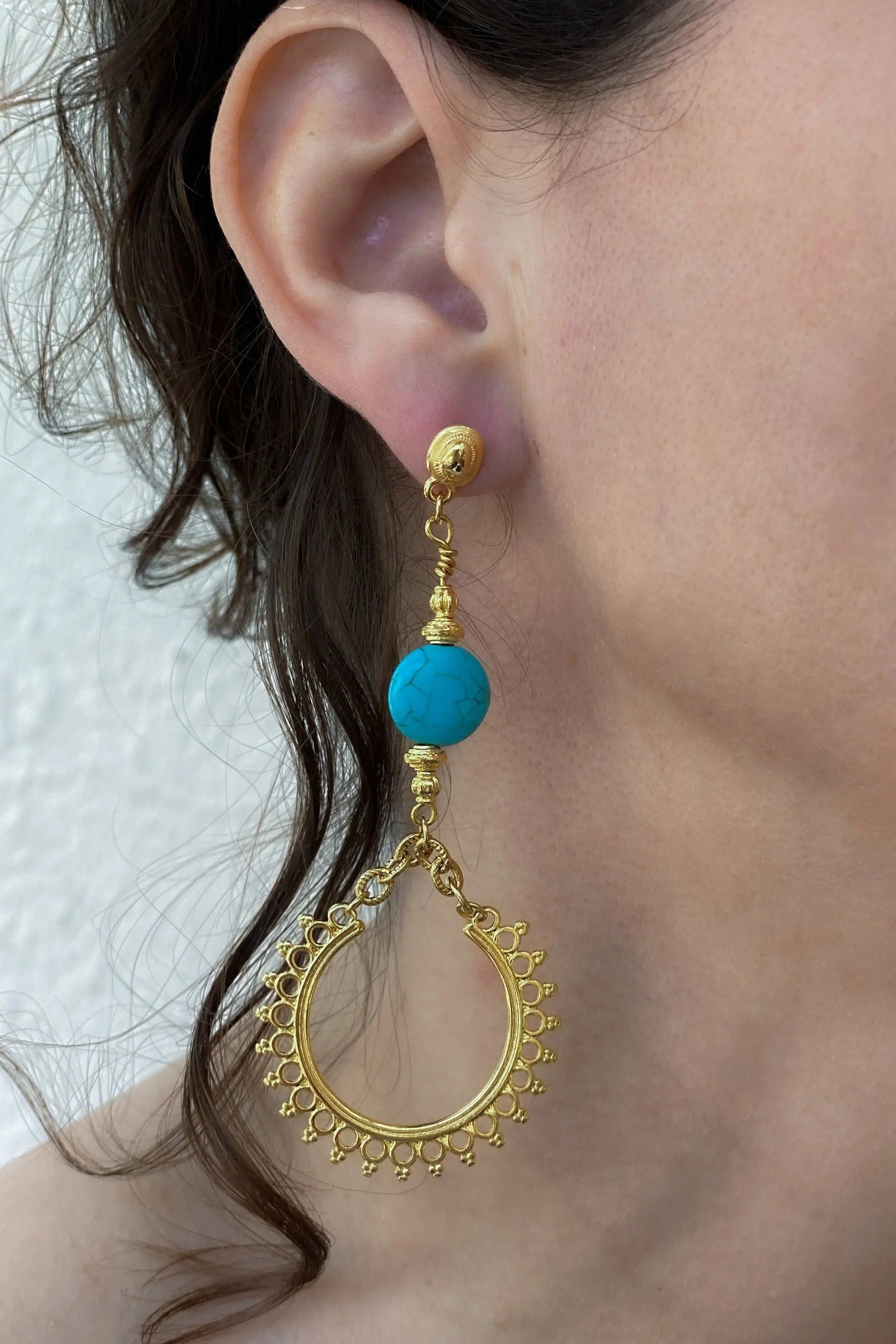 Turquoise and Gold Earrings, Statement gypsy Earrings, Tribal and boho earrings, Cute dangle earrings, Long drop earrings