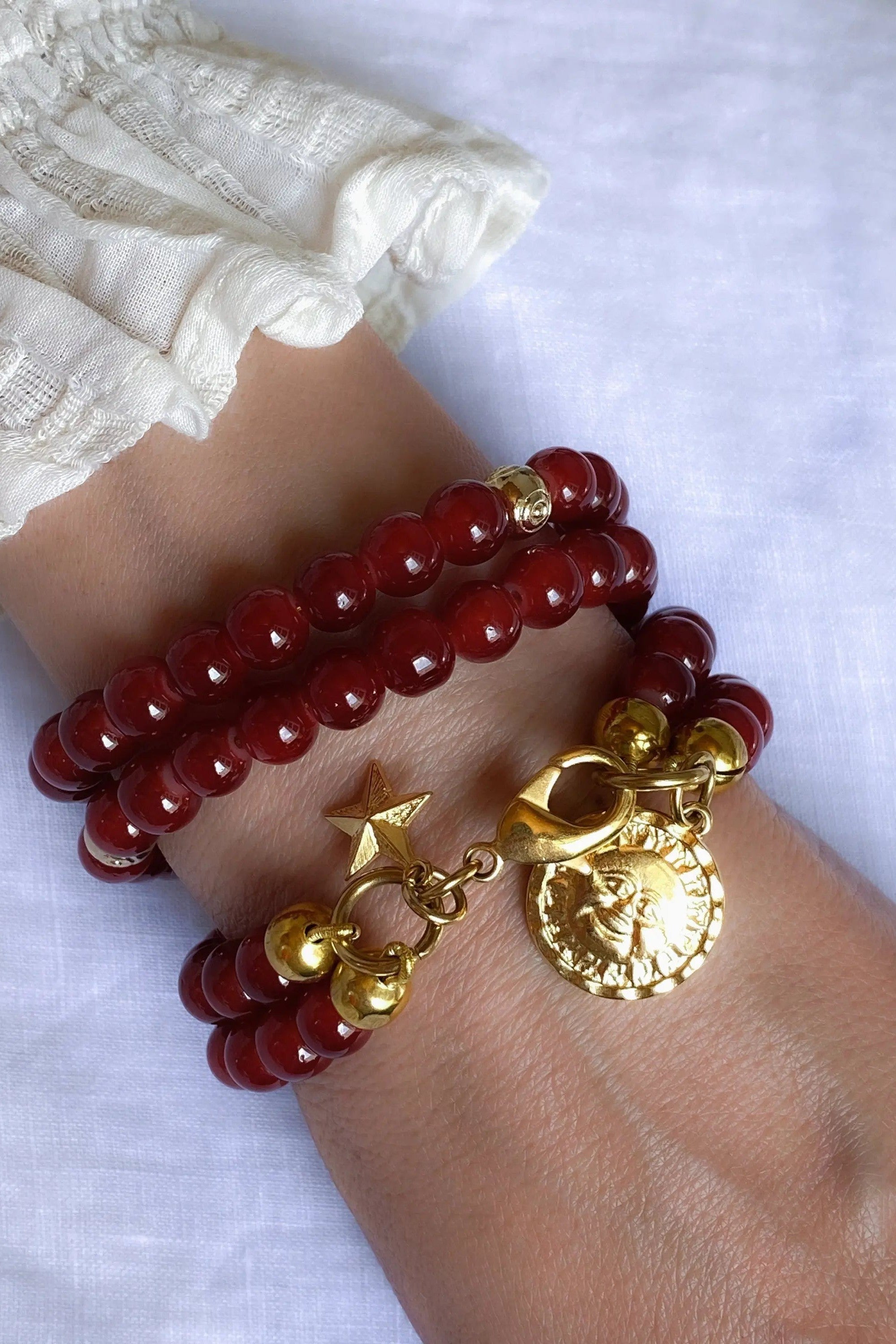 Red crystal beaded Bracelet and Necklace, Boho chic bracelet femme, charm bracelet with sun/moon pendant