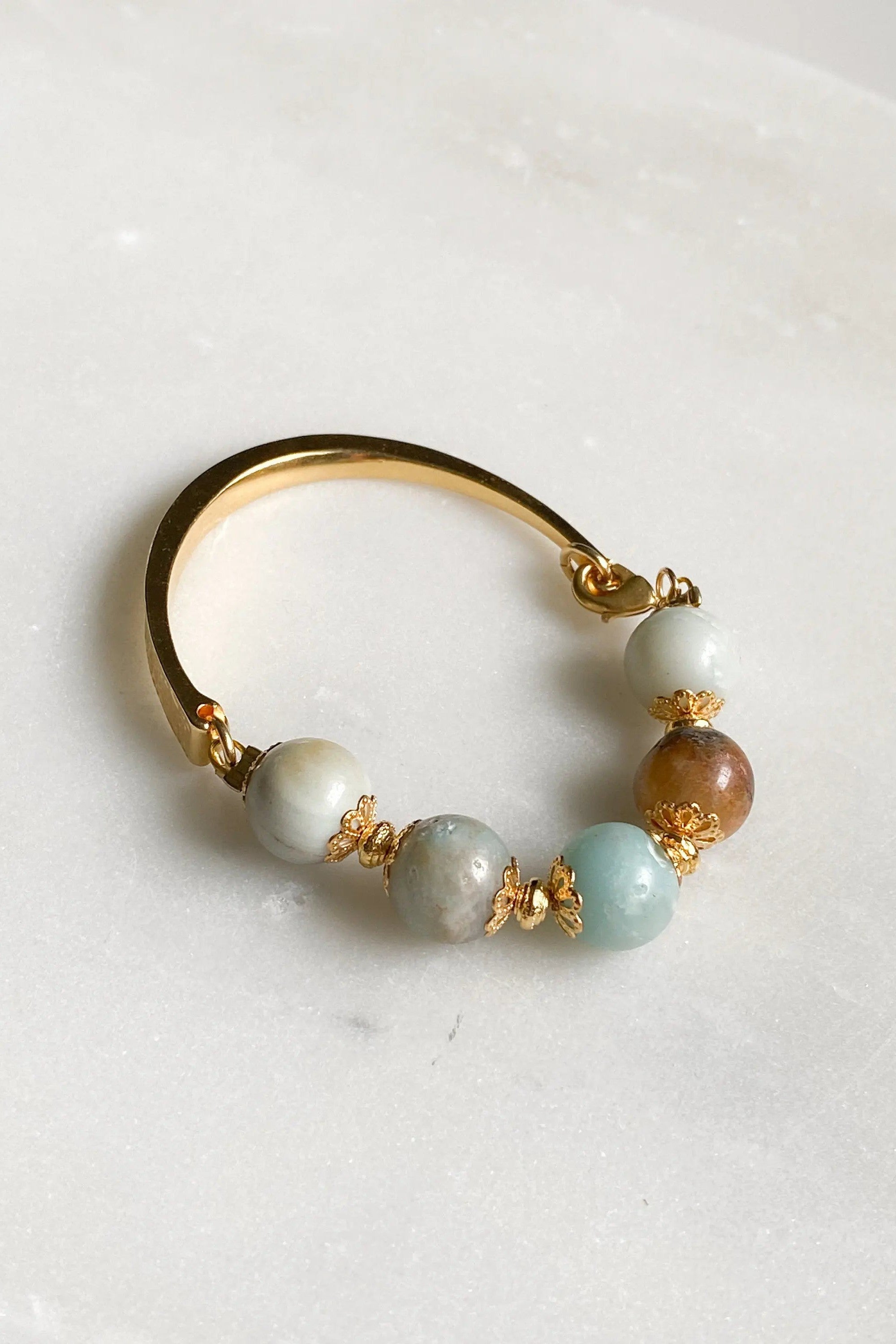 Gold cuff and amazonite beaded bracelet, Healing Crystal Bracelet, Boho gem jewelry, Bracelet femme fait main