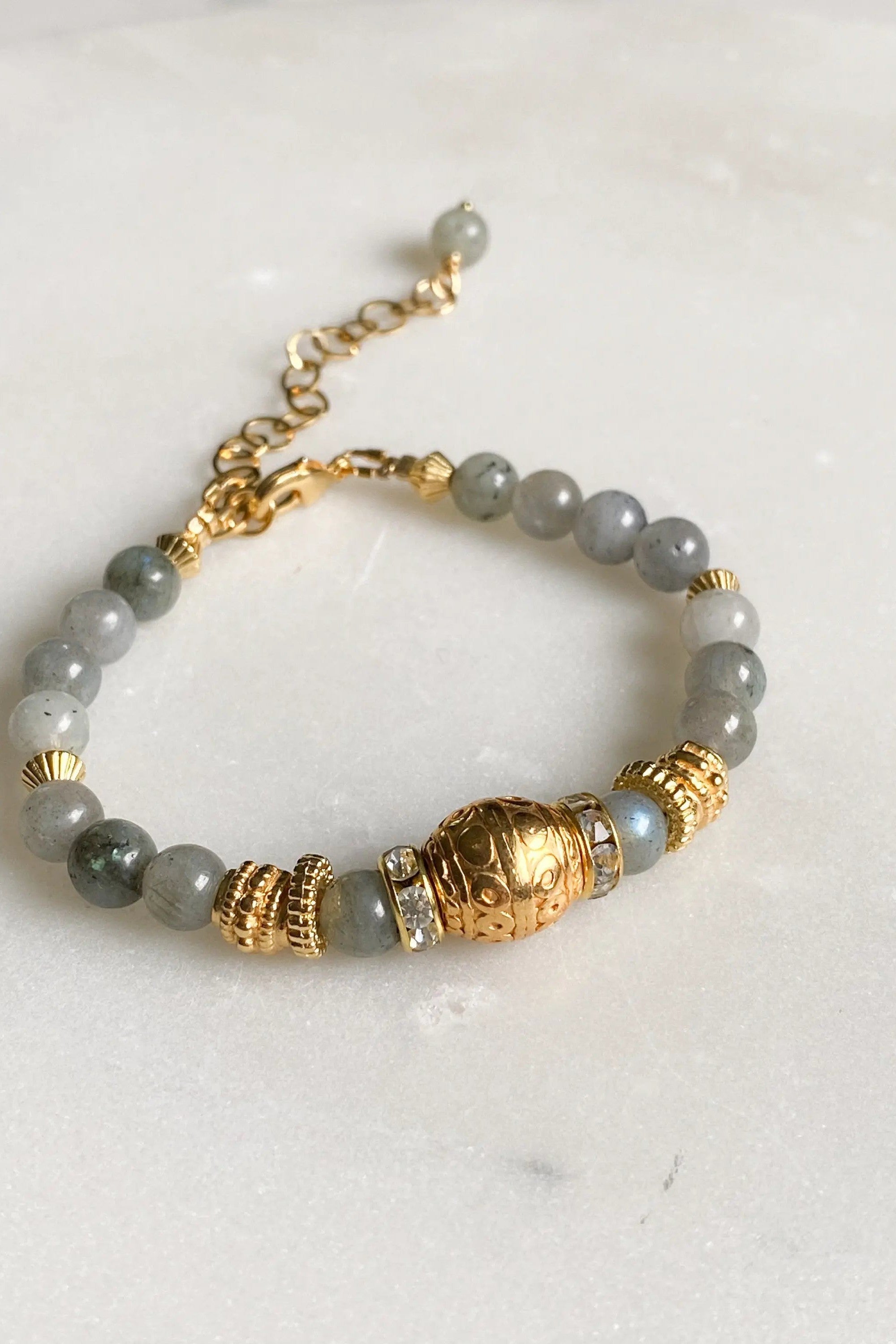 Labradorite beaded bracelet with ethnic gold beads, Statement Heishi Surfers Bracelet, Delicate Boho chic bracelet