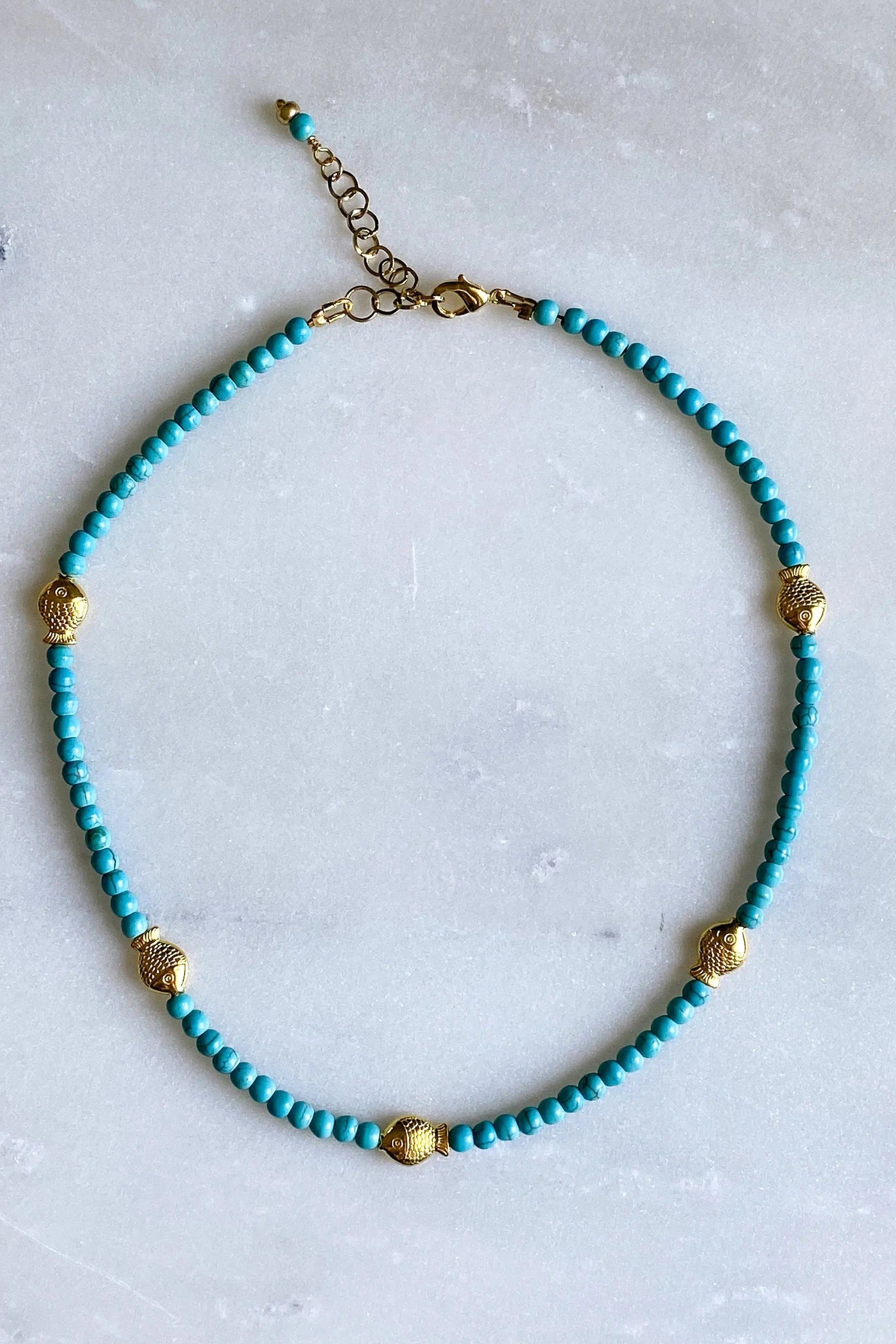 NIREAS Heishi necklace, Surfer Turquoise Necklace, Boho chic White Necklace, Gold fish Necklace, Collier pierres, Gift for her